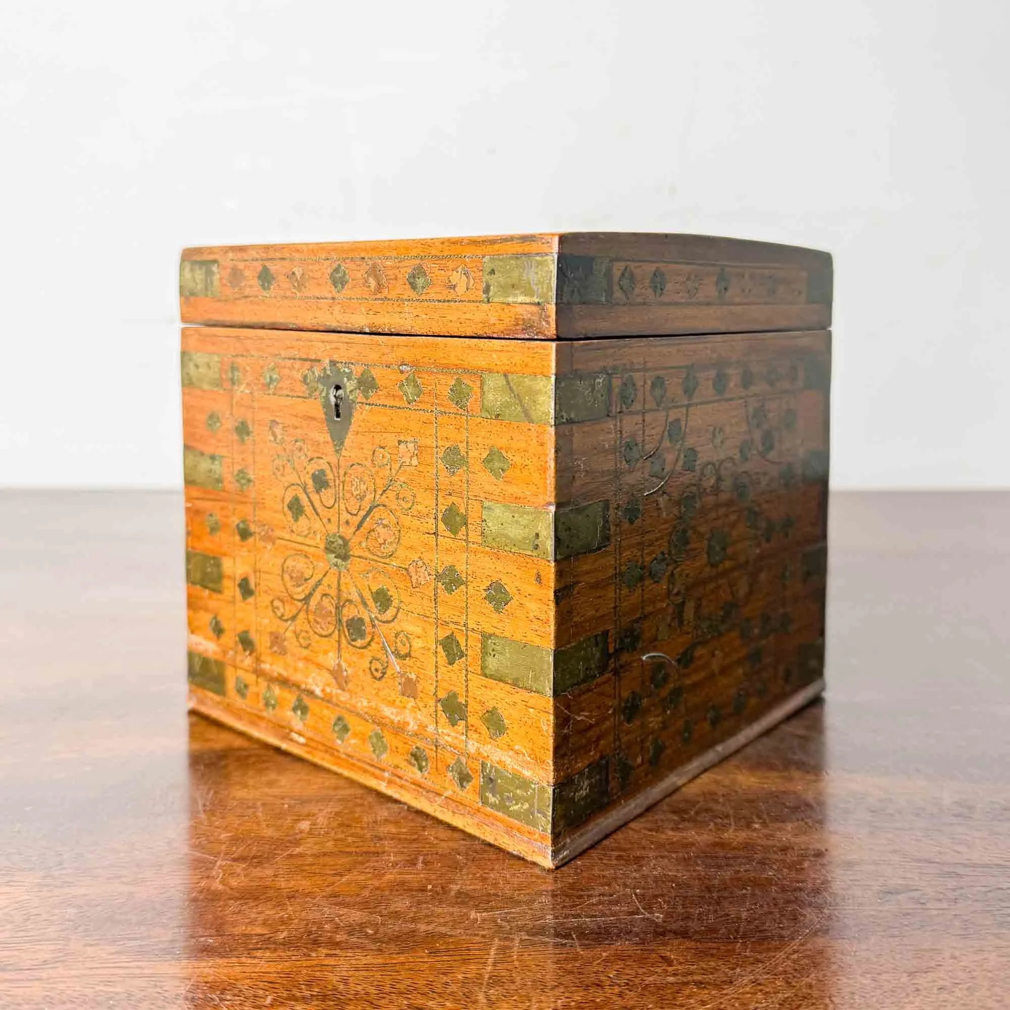 Antique Indian Hardwood Box with Brass Inlay