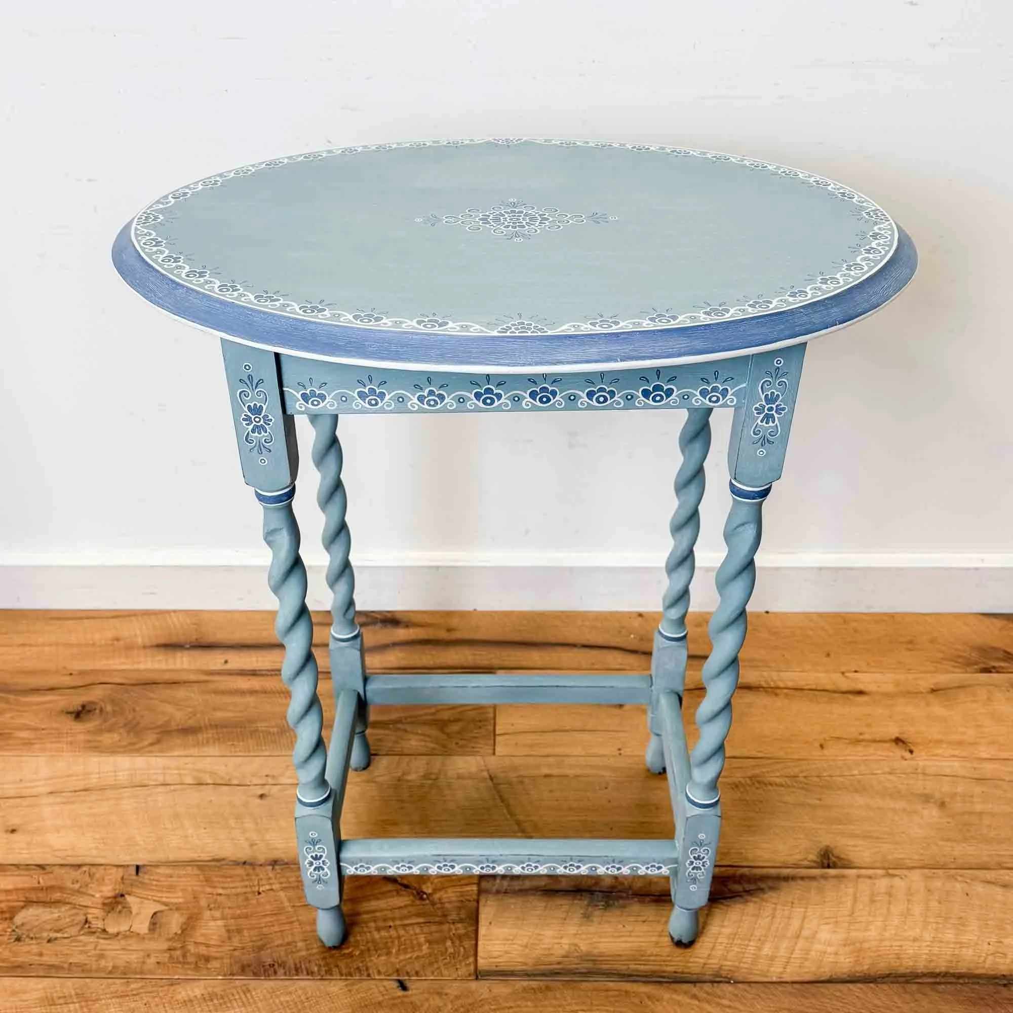 decorative blue painted oval barley twist table