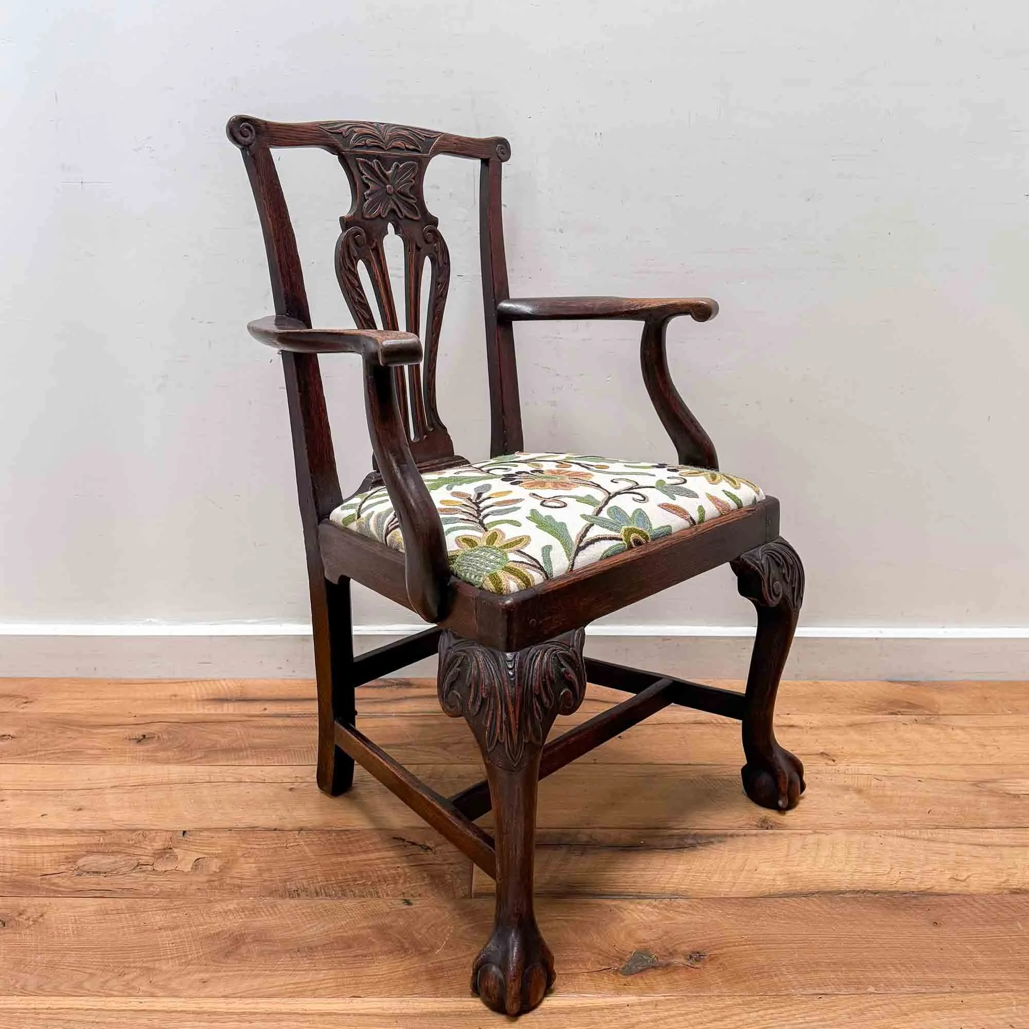 georgian carved oak chair crewel seat