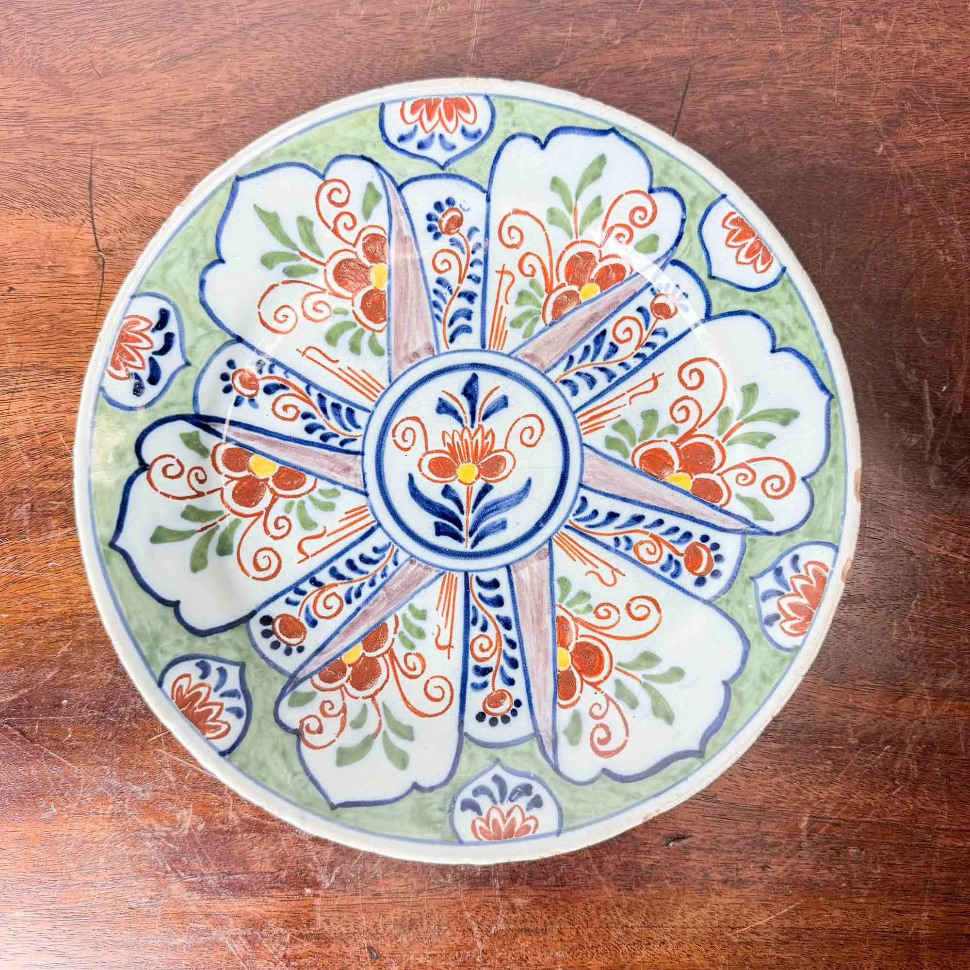Antique Delft Polychrome Plate with Green Background