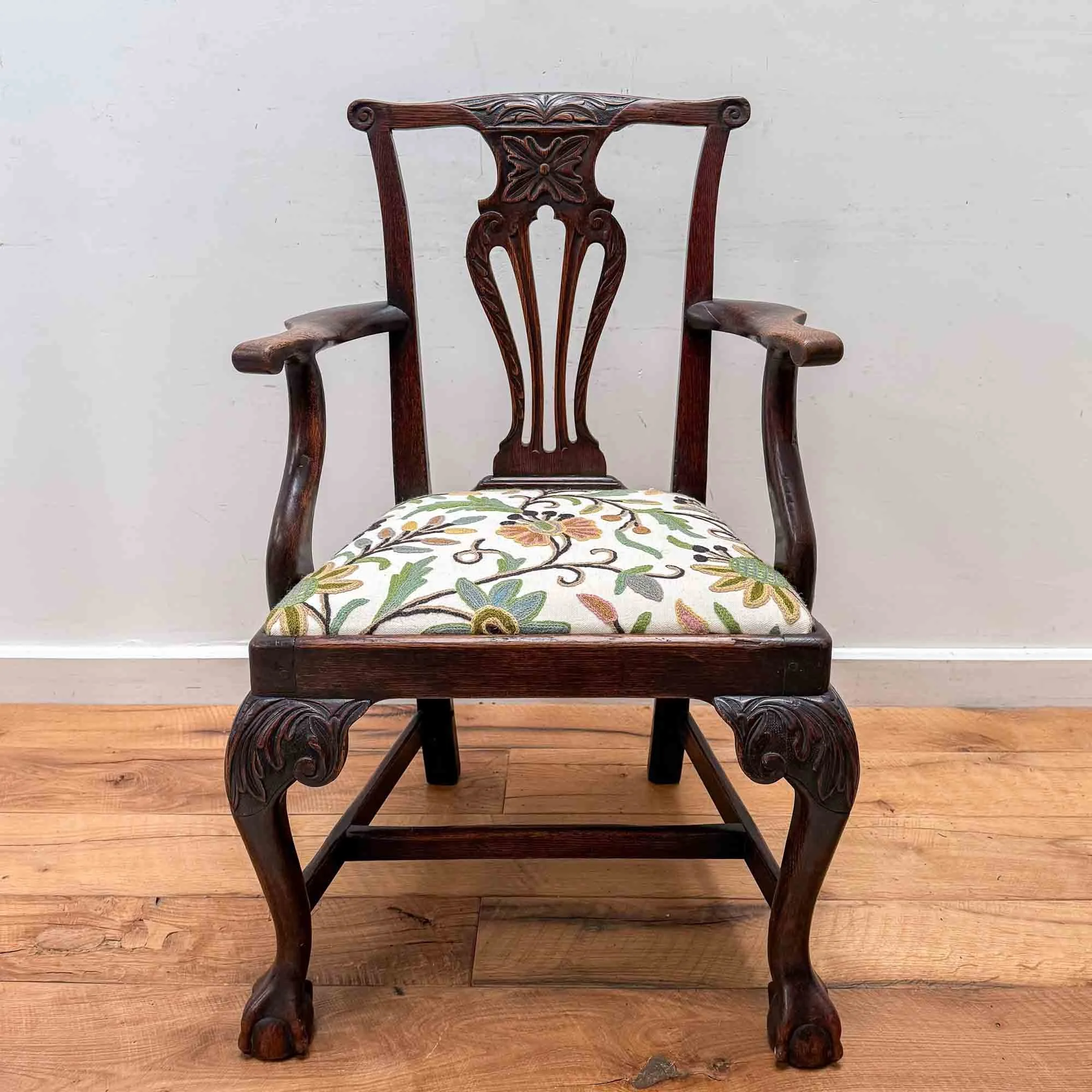 antique cabriole leg oak chair with crewel seat