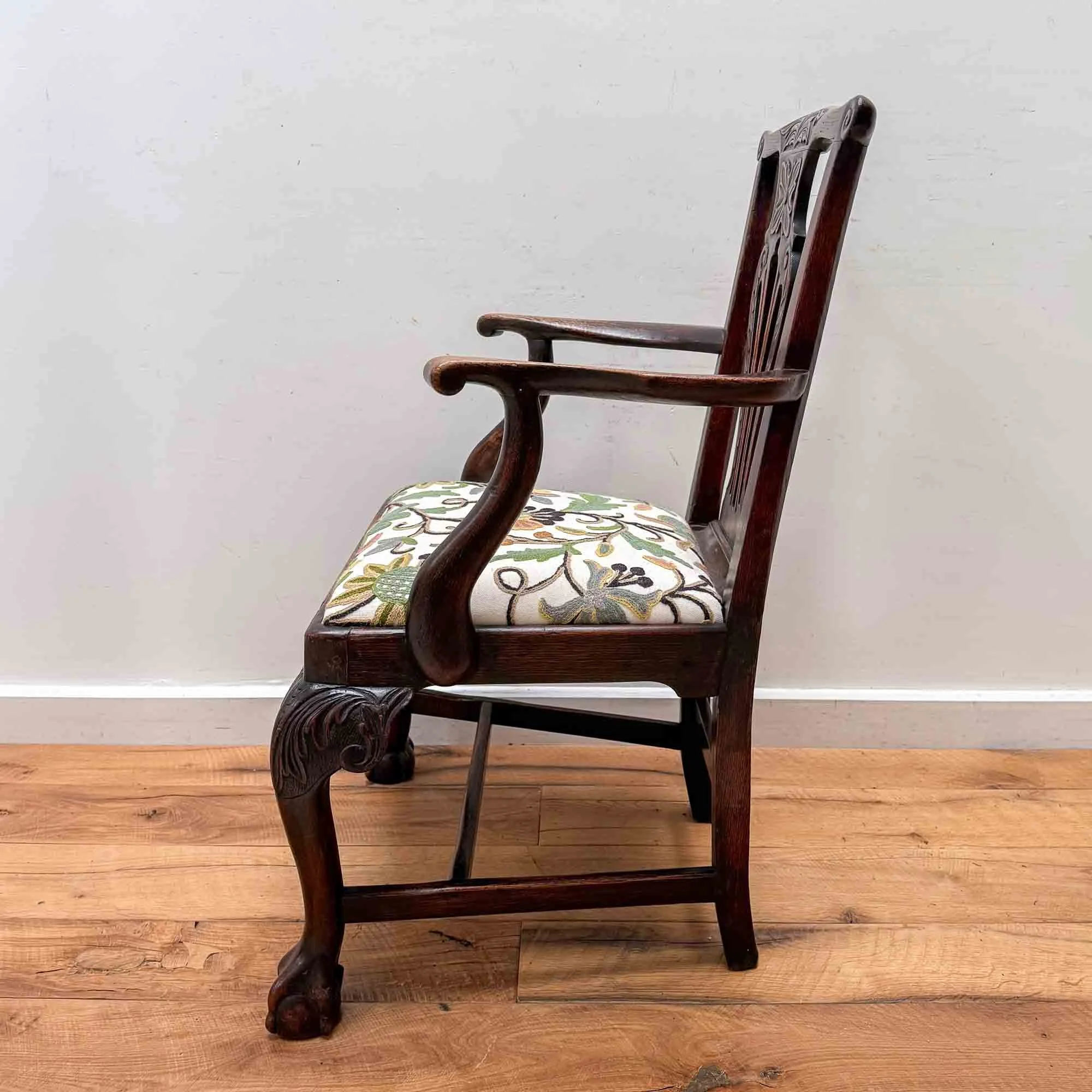 antique carved oak chair crewel seat