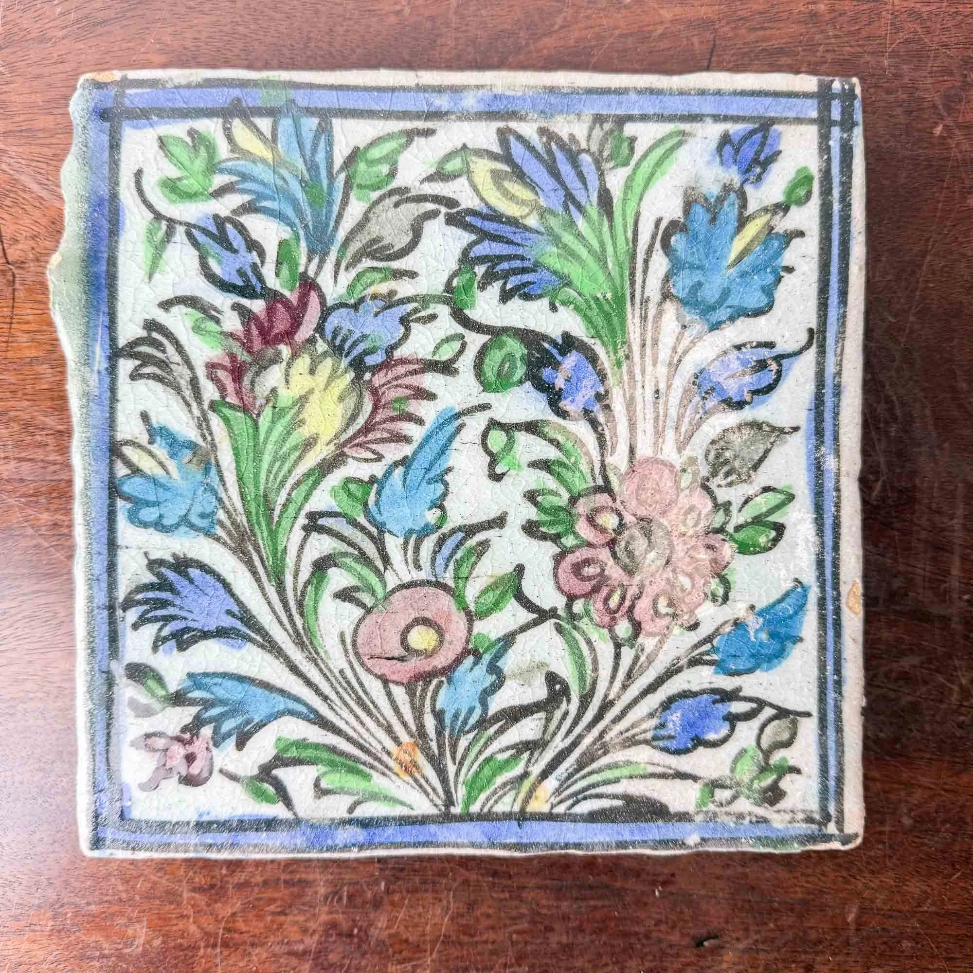 square vintage hand-painted persian qajar tile