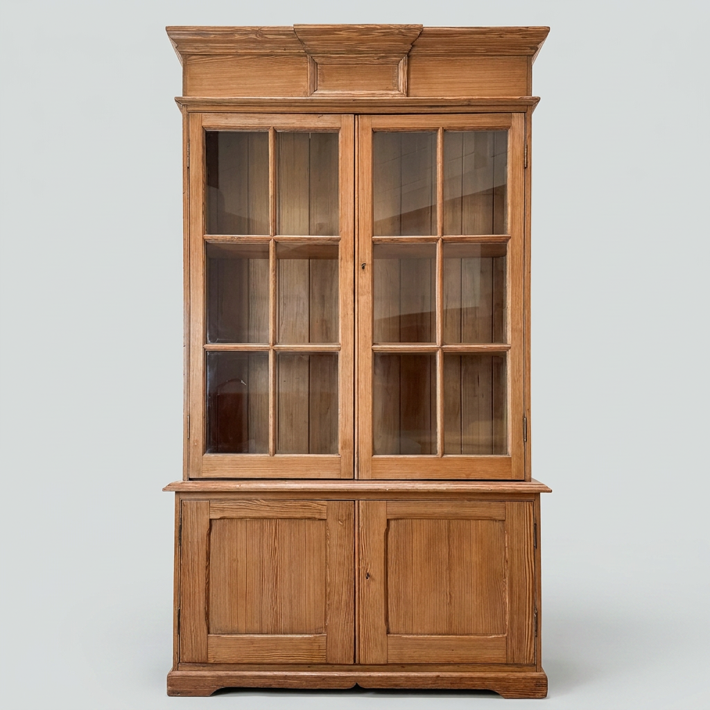 Antique Pitch Pine Glazed Bookcase Cabinet