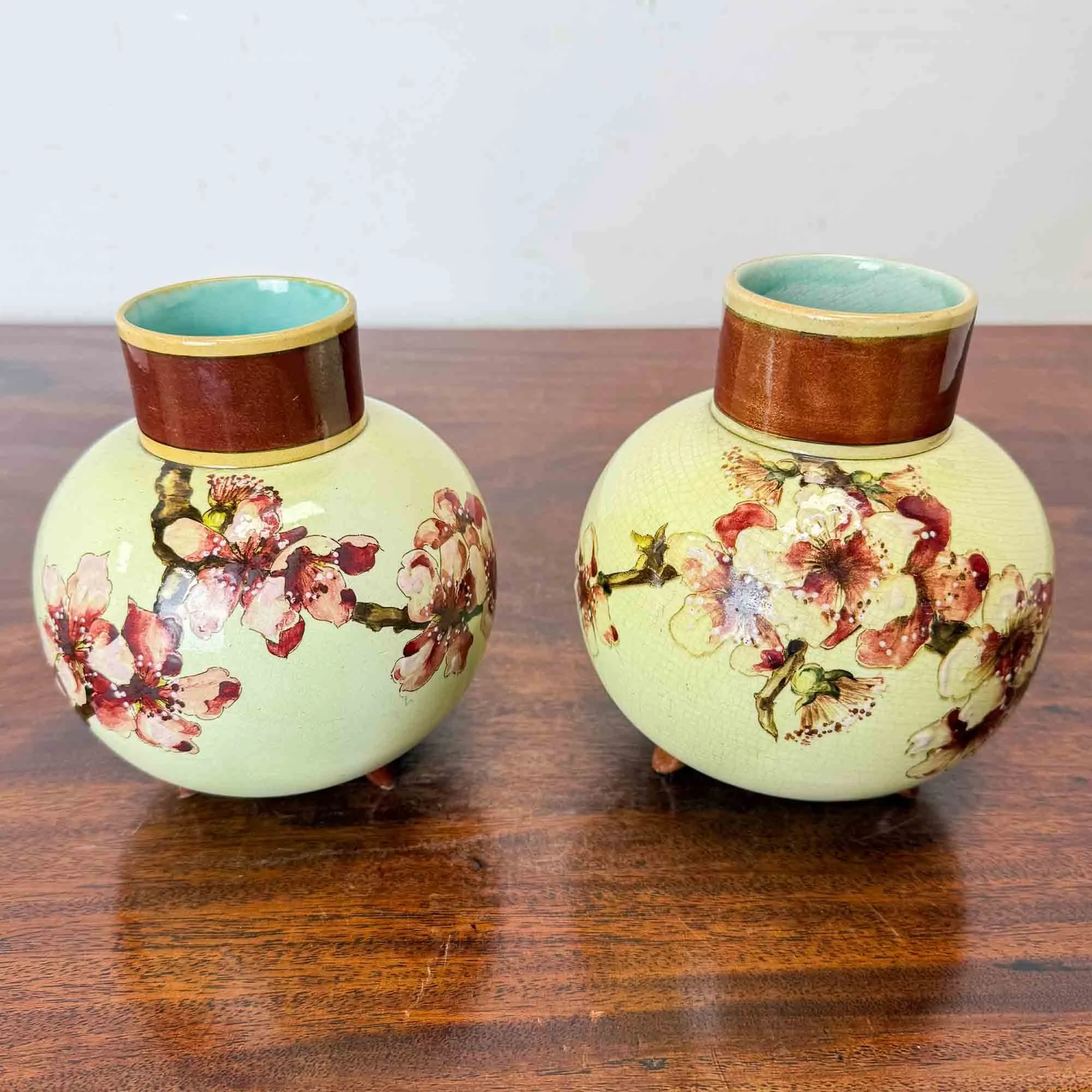 pair doulton lambeth faience hand painted vases