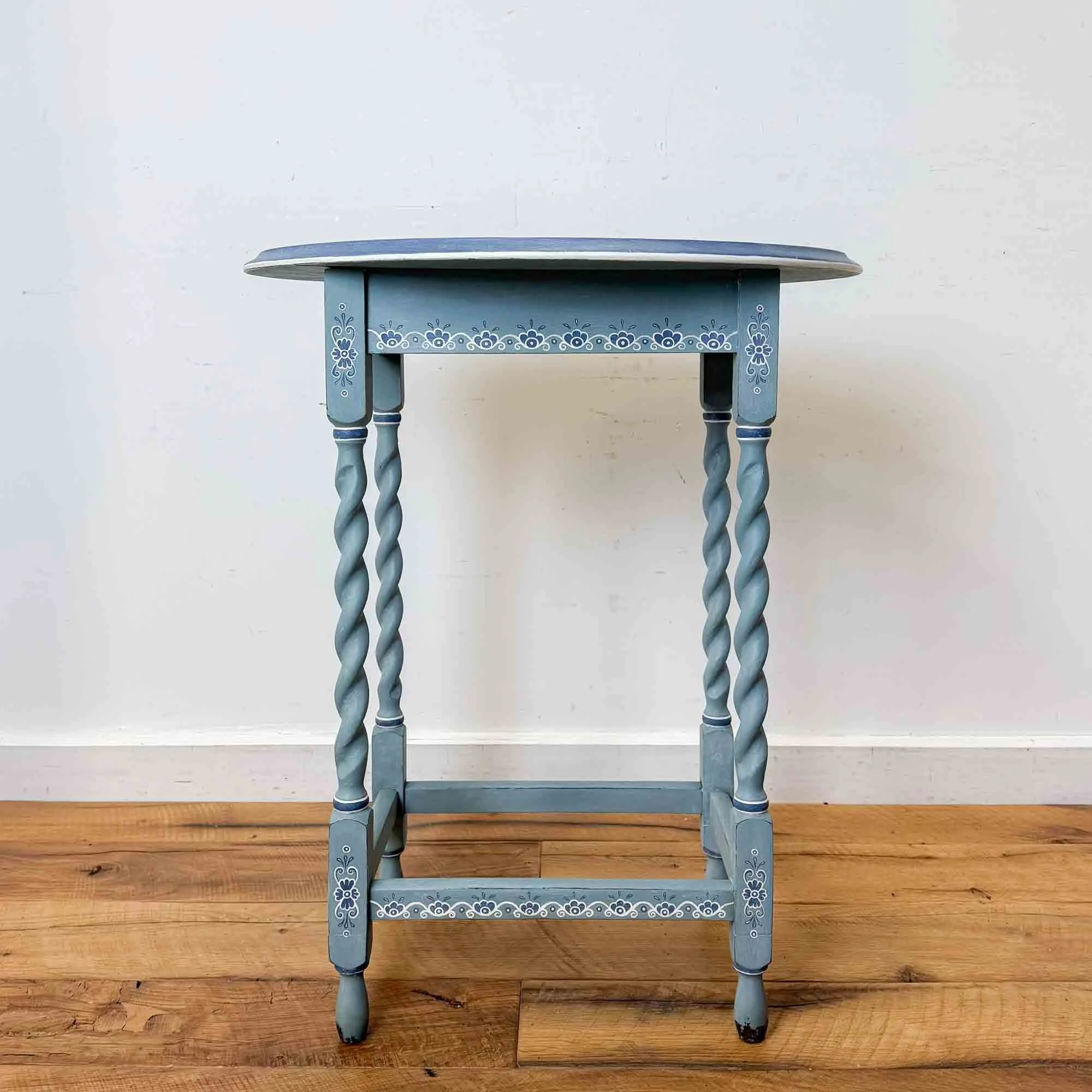 blue hand painted oval side table