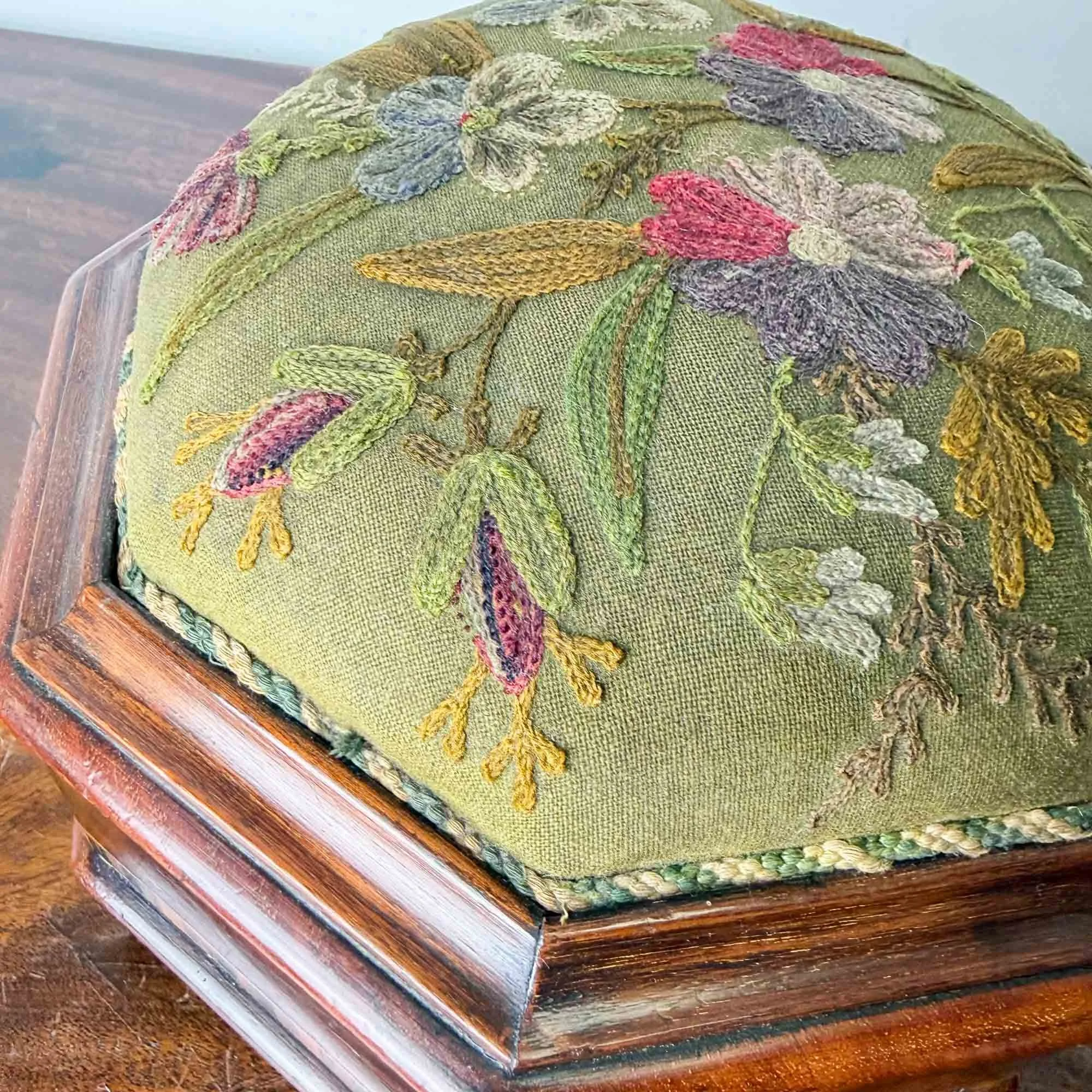 antique spitoon footstool with crewelwork upholstery-06.jpg