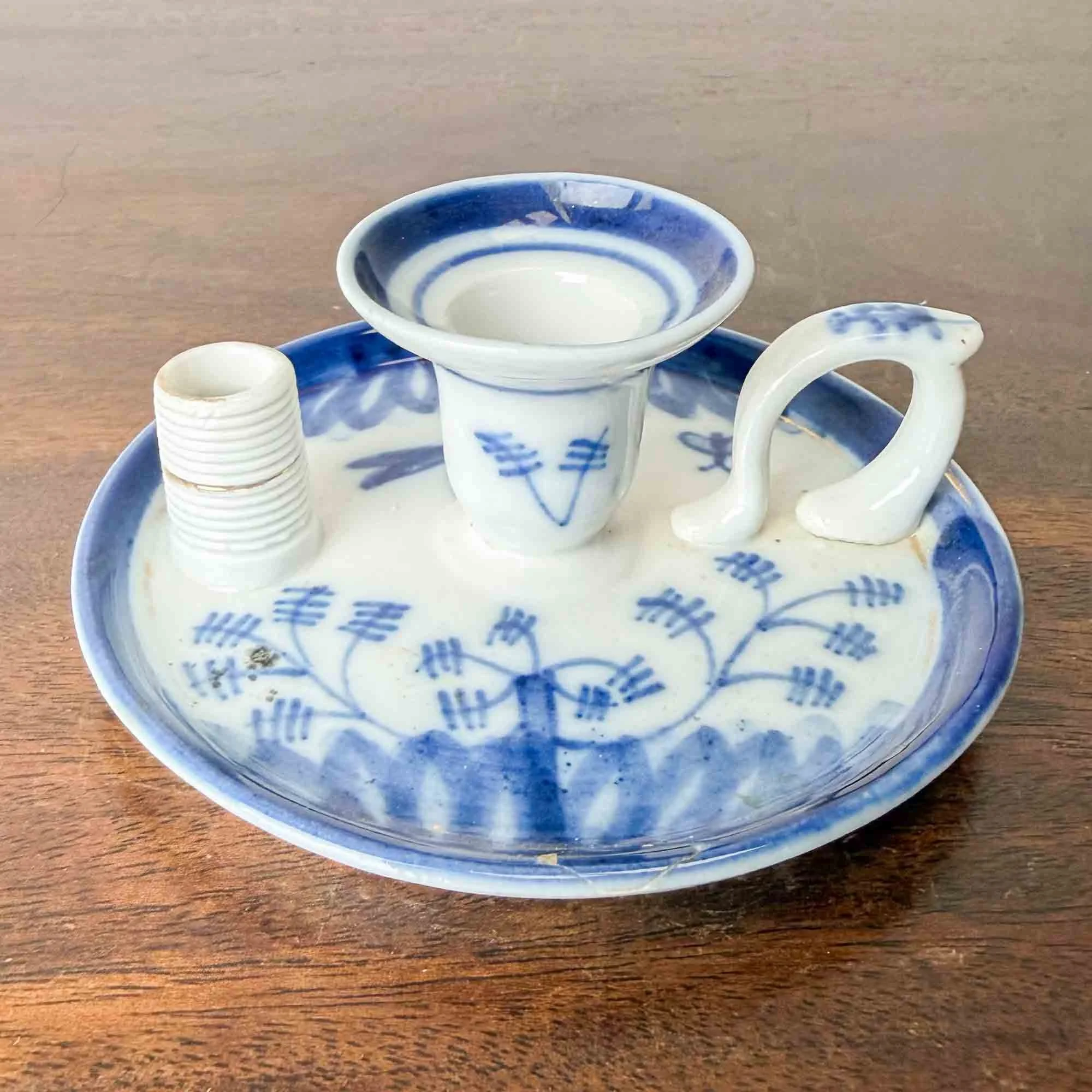 Antique Blue and White Pottery Chamberstick