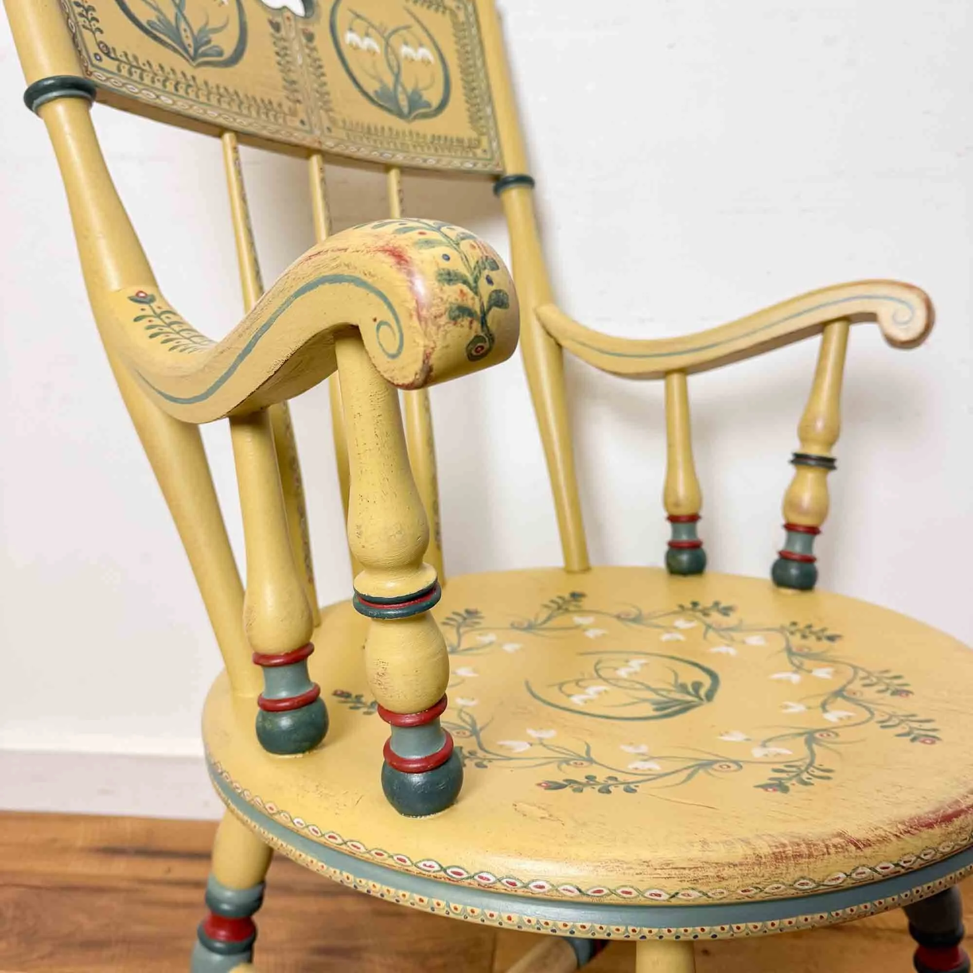 yellow folk art painted chair snowdrops