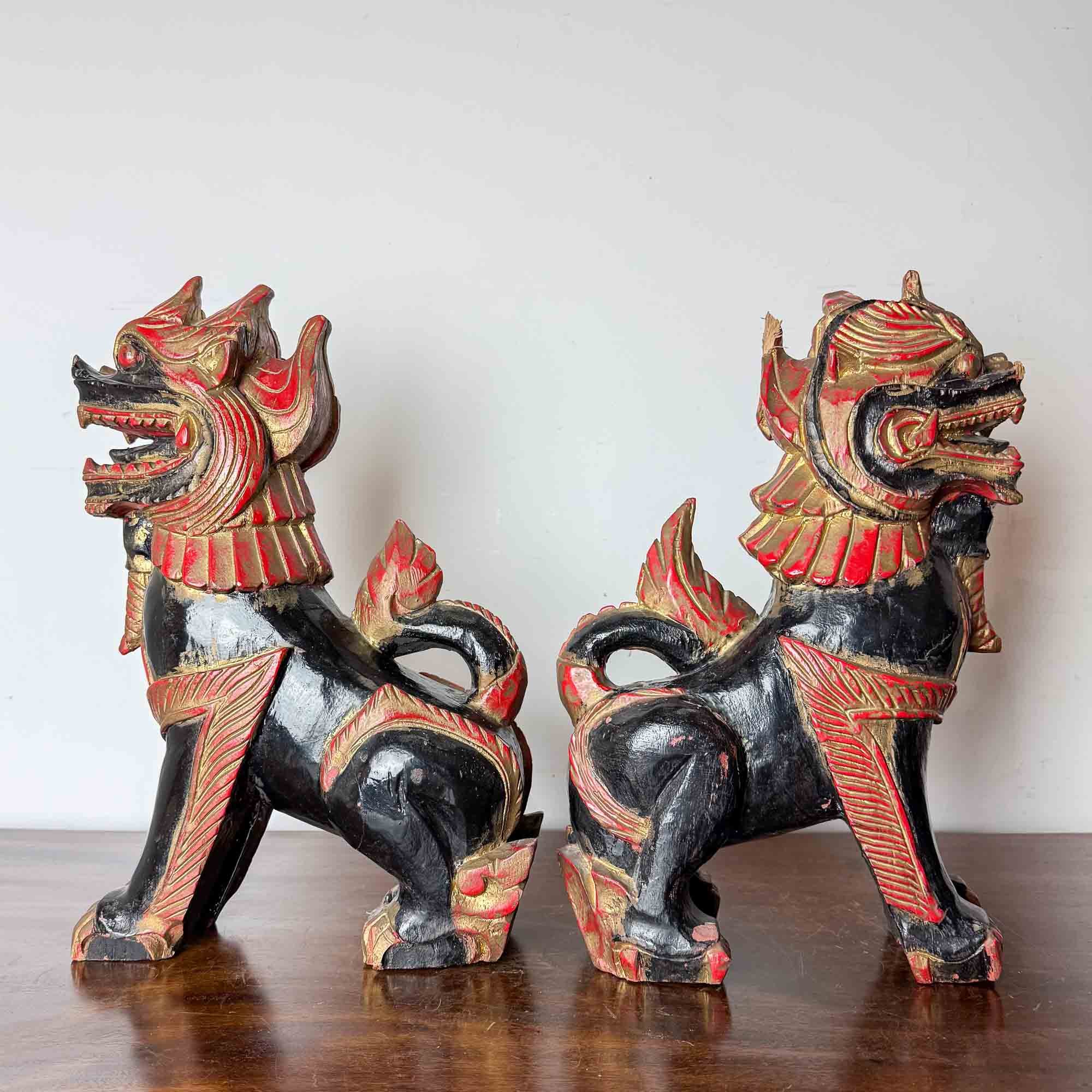 Pair of Vintage Carved Wooden Painted Temple Lions