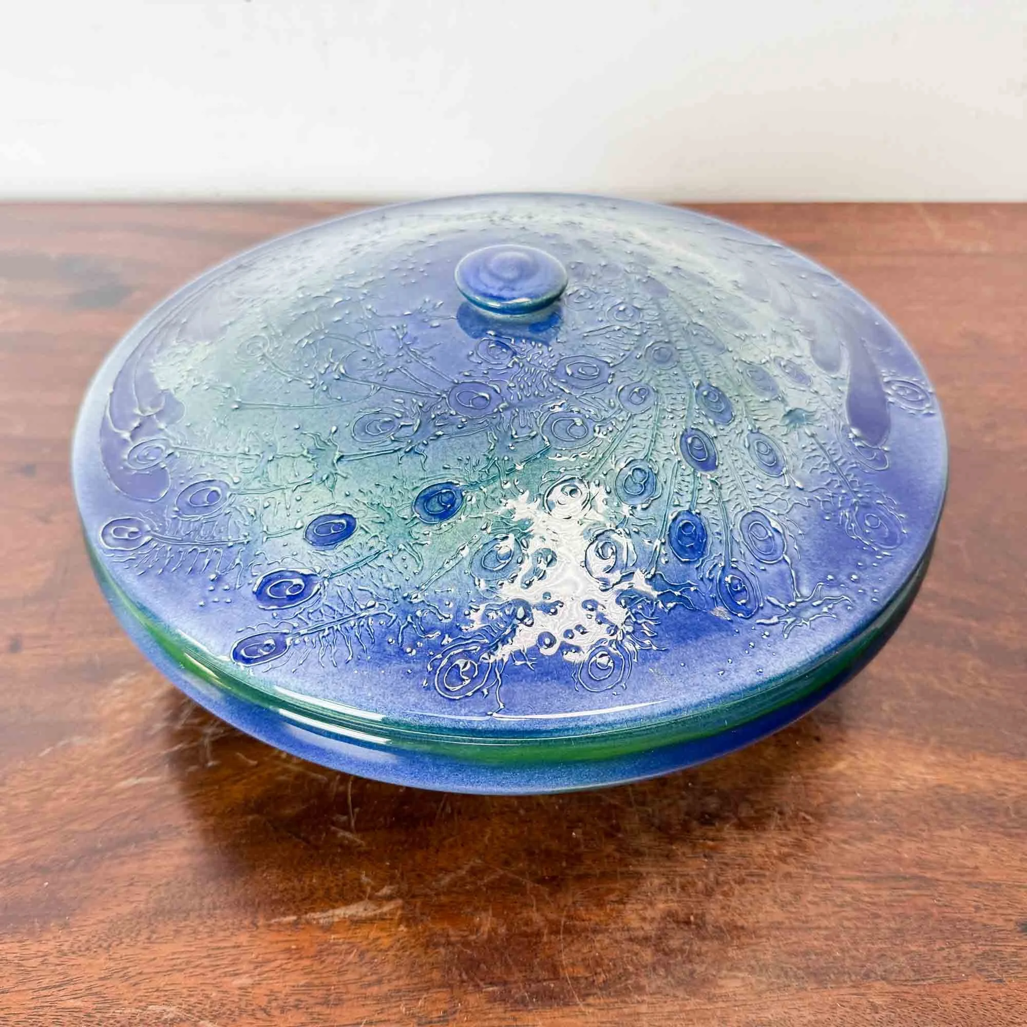 Lise B Moorcroft studio pottery peacock bowl