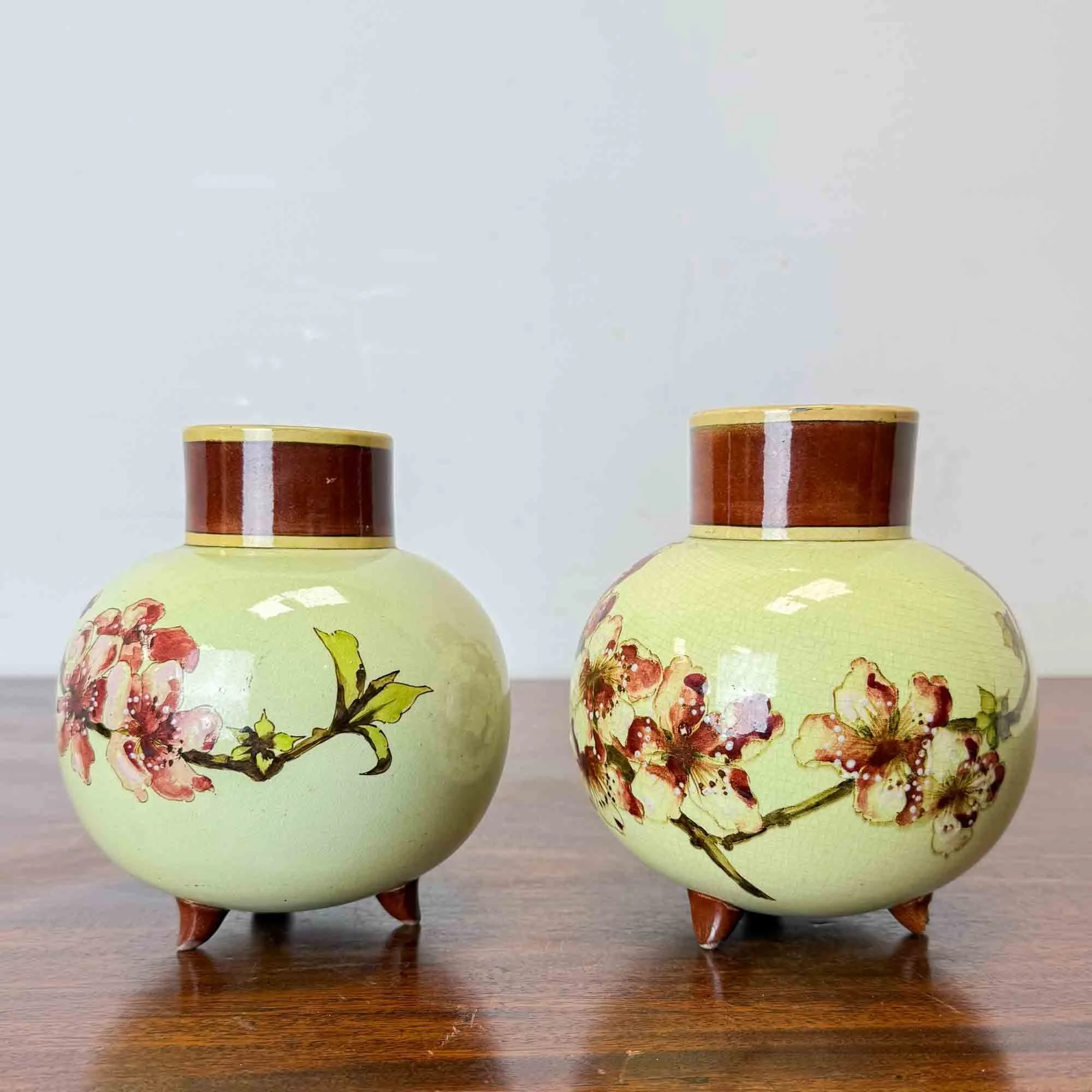 pair doulton lambeth faience cherry blossom vases