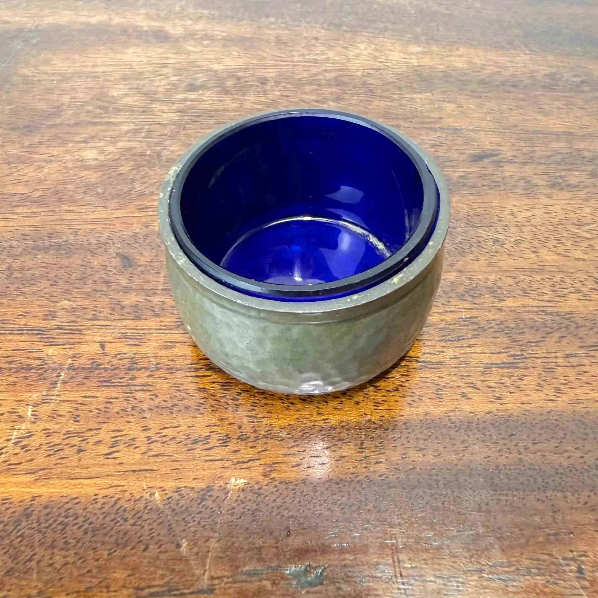 Lion pewter table salt with bristol blue glass liner