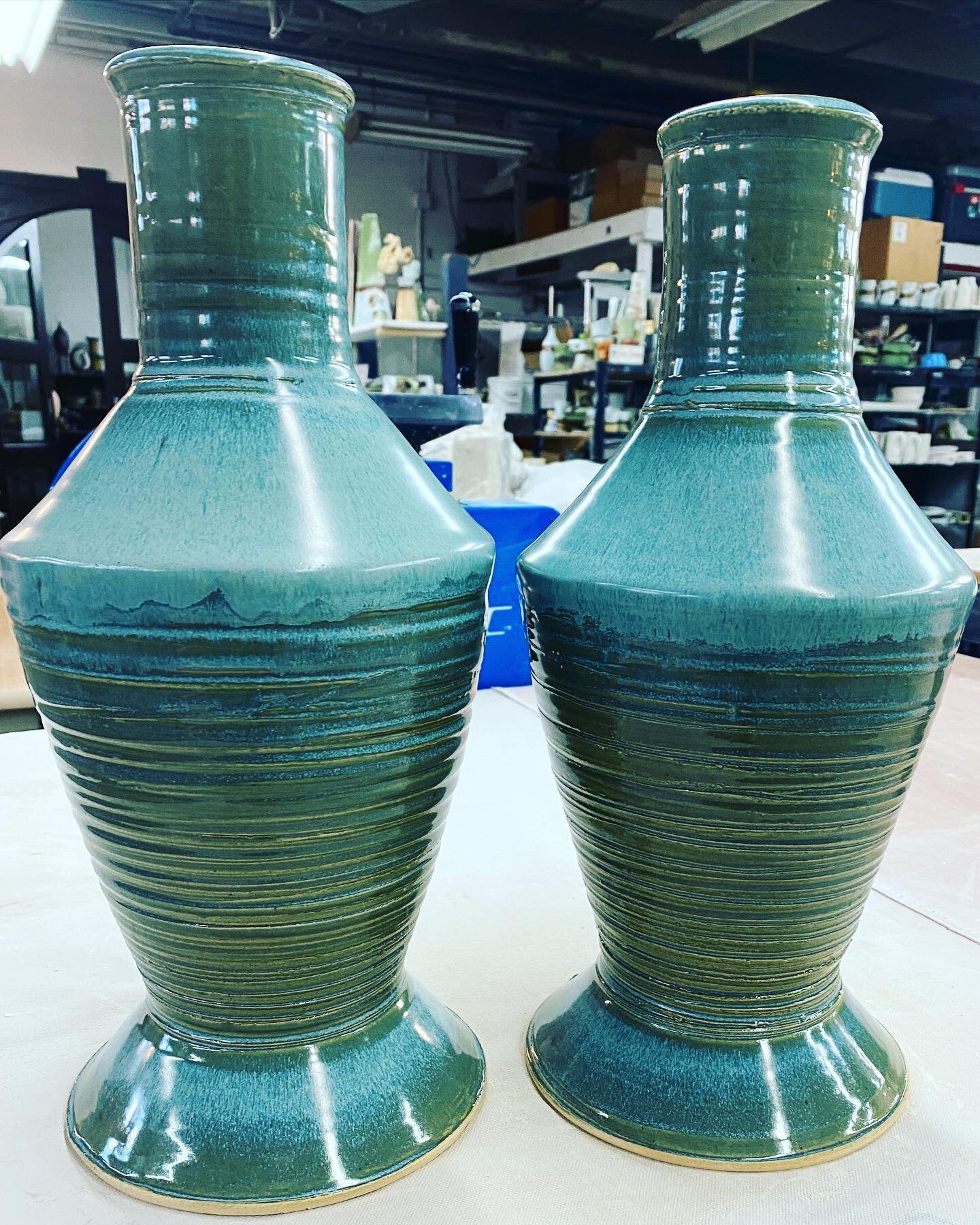 Lamp bases! Thrown in two parts and attached when leather-hard. Made of stoneware, fired to cone 6 and glazed with @opulenceglaze Smoky Mountain Mist. These beauties were commissioned and designed by a fabulous local interior designer. I cant wait to