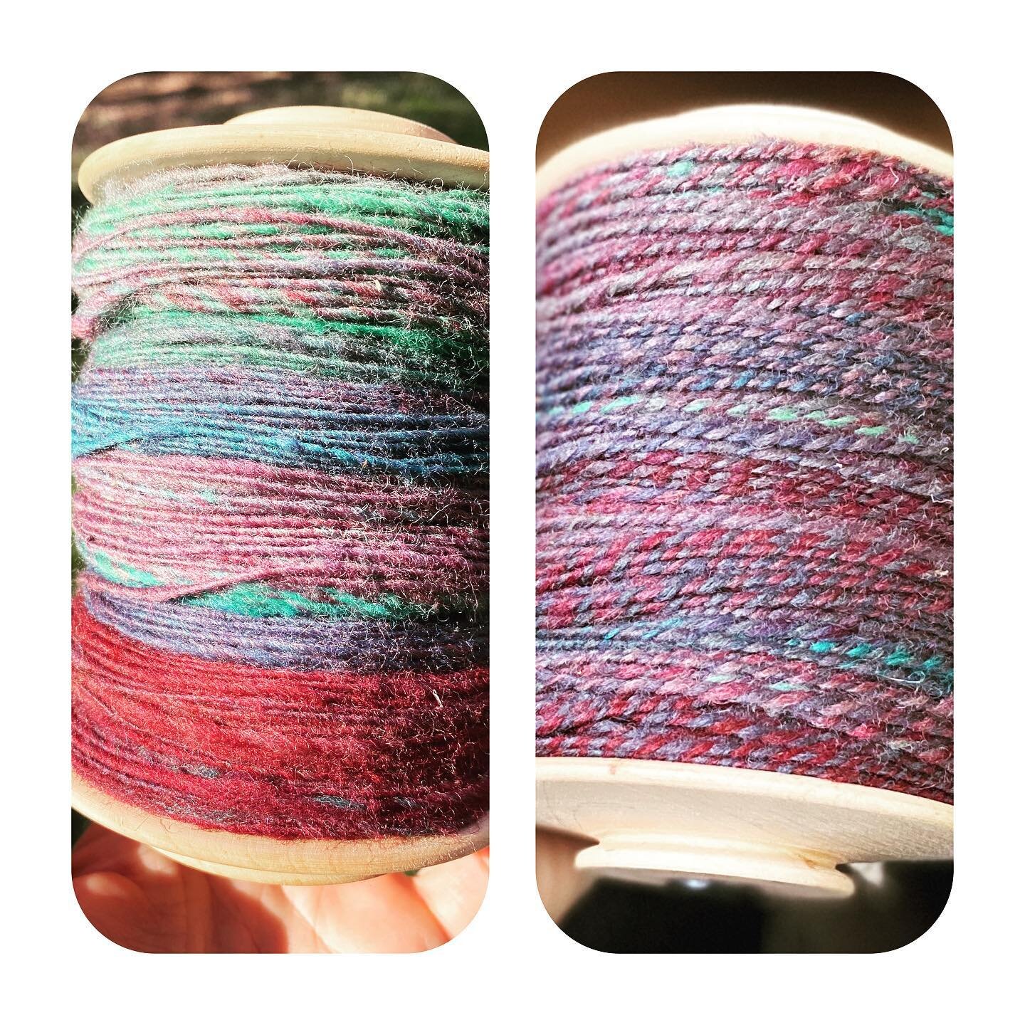 Before - hand-spun singles. After - two ply yarn. I am happy with the the subtle berry tones of this spin. Next up - a pottery post! 

#colortheory #blendingcolors #wool #cheviot #handspinnersofinstagram #yarn #handmade #kromski #makingarteveryday