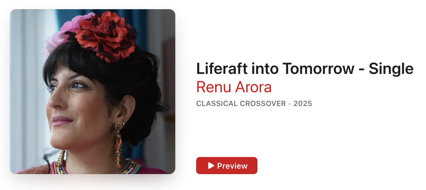 Apple Music link to play Liferaft Into Tomorrow a world trauma day single by Renu Arora