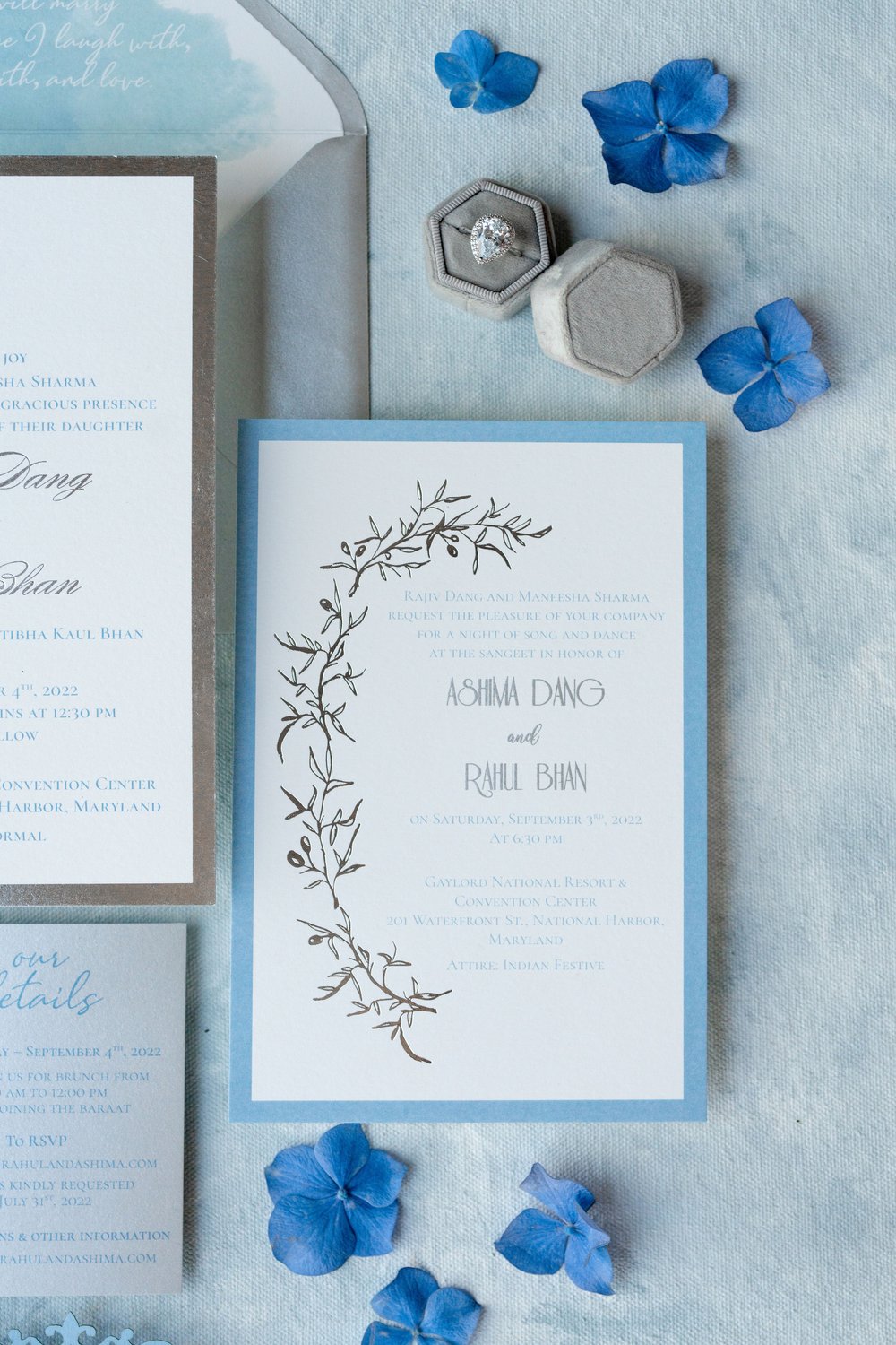 dusty blue silver, hand illustrated invitation
