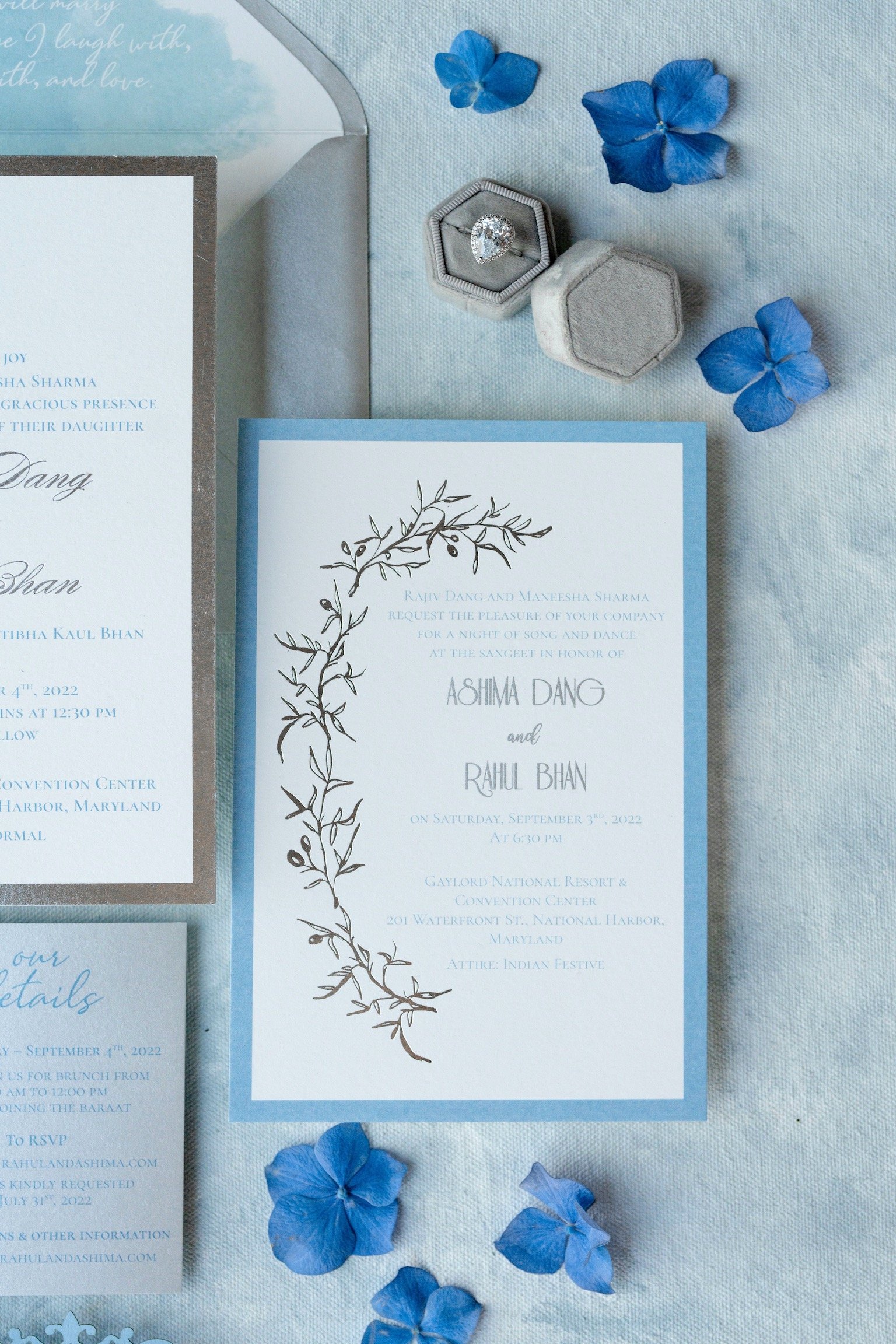 blue silver white wedding invitation
