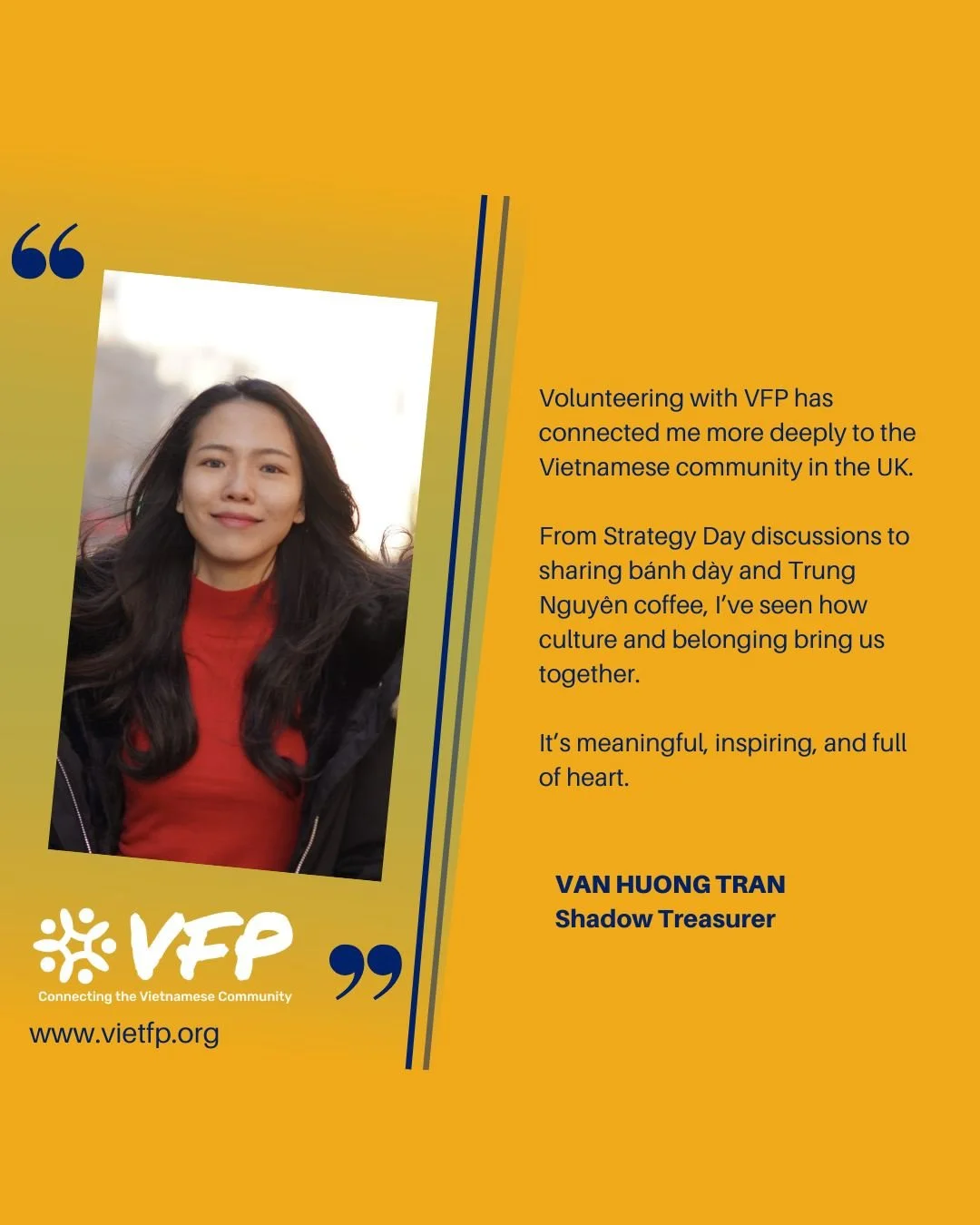 🌟 VFP Volunteer Spotlight: Trần V&acirc;n Hương &ndash; From Shadow Treasurer to Community Builder
In April 2025, V&acirc;n Hương joined Vietnamese Family Partnership (VFP) as Shadow Treasurer, supporting our strategy, financial planning, and long-t