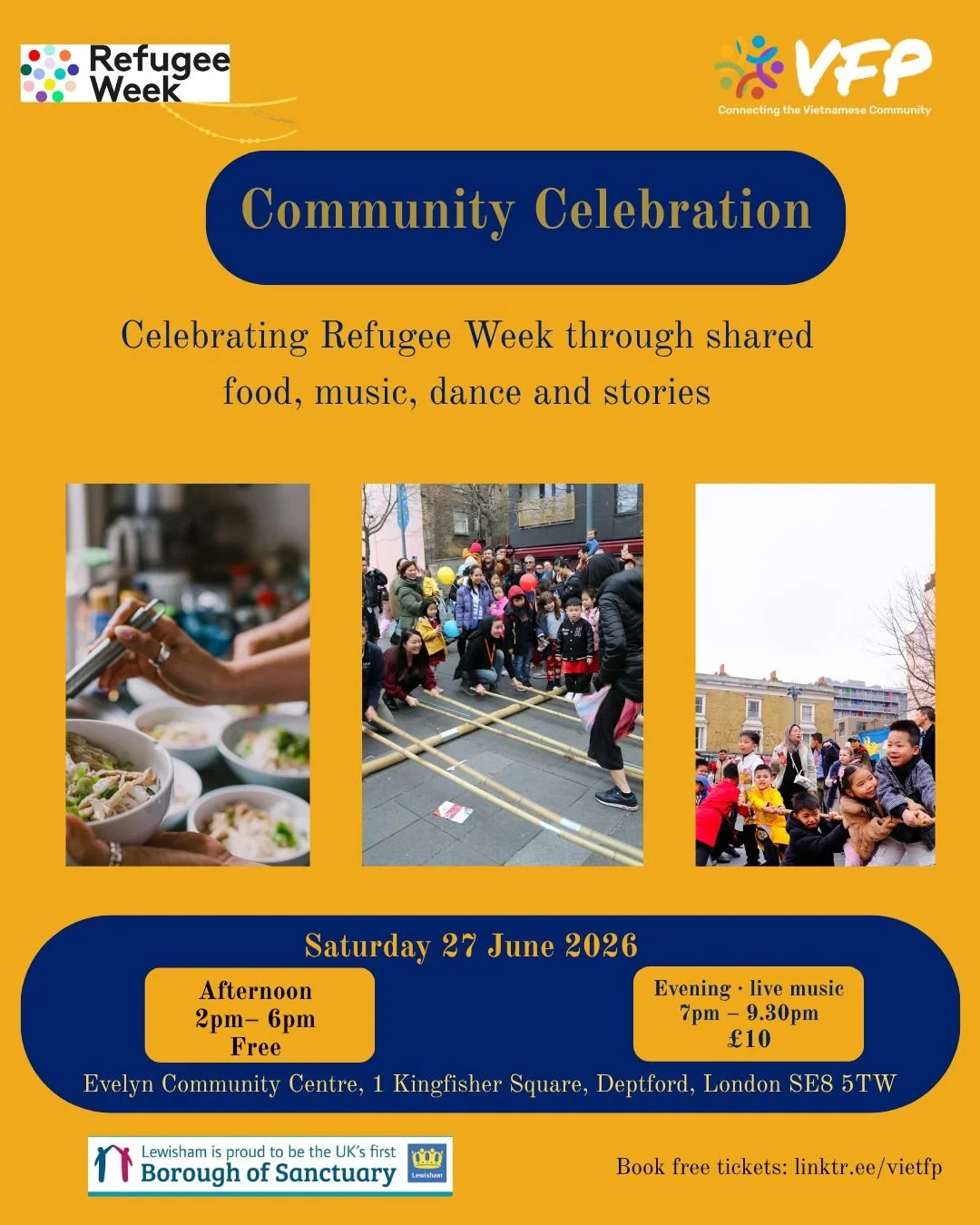Saturday 27 June 2026 🌍
Our contribution to Refugee Week &mdash; a warm, open celebration for everyone.
🍜 A shared community feast &mdash; all dishes welcome.
Bring a dish from your culture, your kitchen, your heart.
🎋 Bamboo dance &amp; tug of wa
