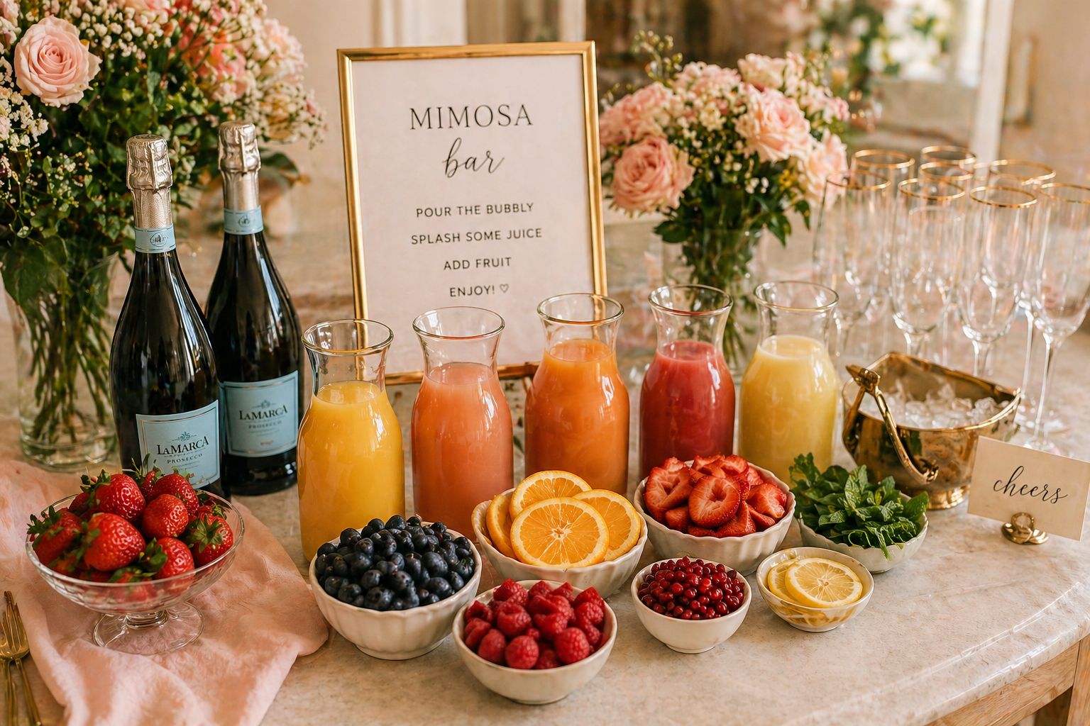 mimosa bar setup with La Marca prosecco orange juice and fresh fruit garnishes