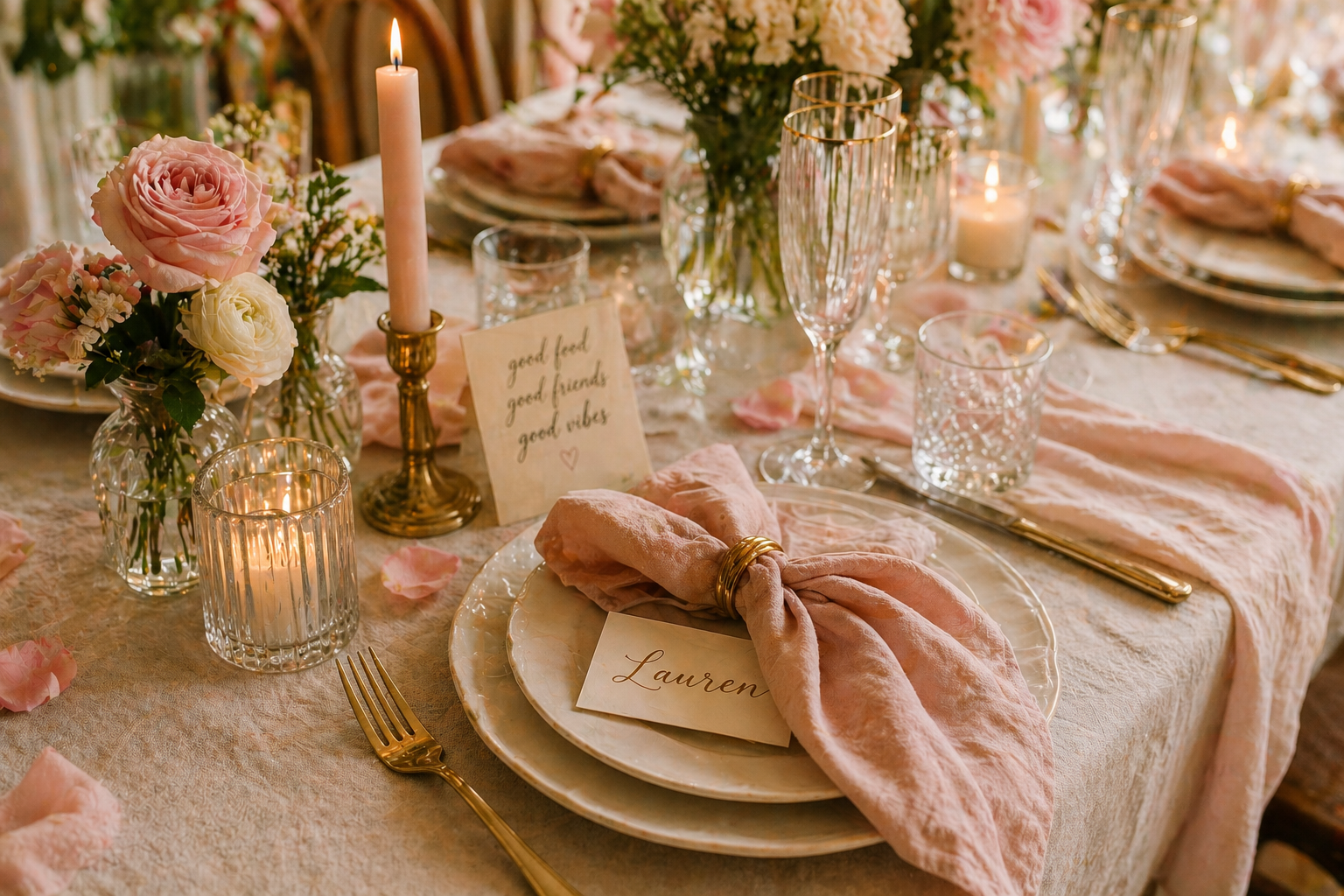 elegant girls brunch place setting with blush pink linen napkins and gold cutlery
