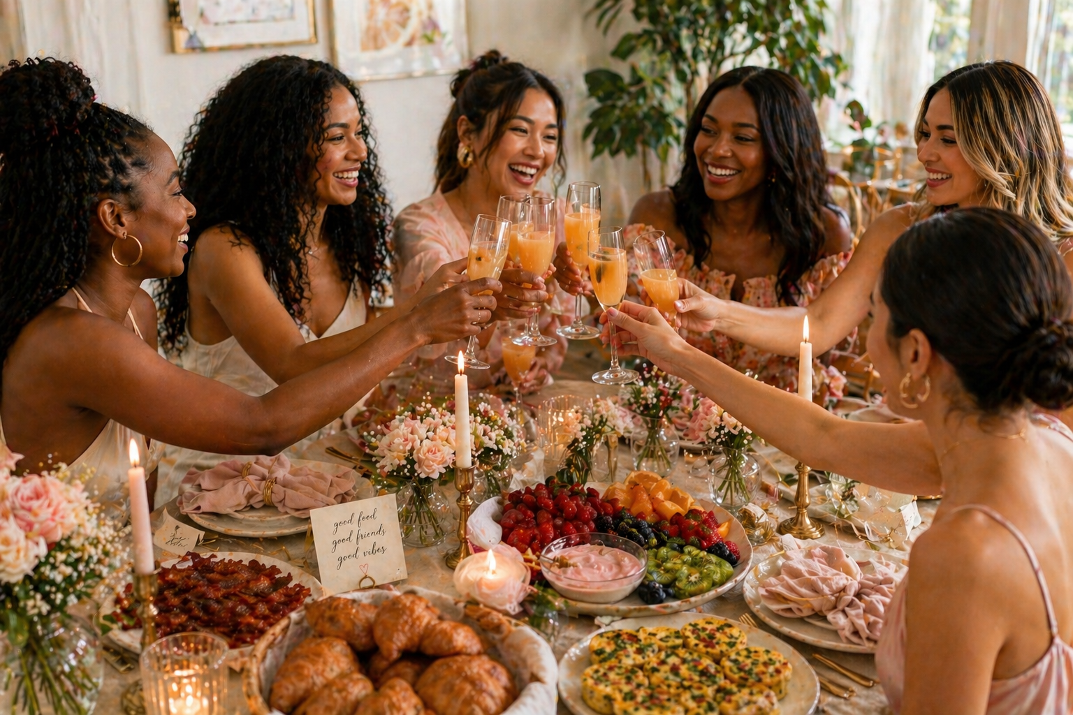 six women toasting mimosas at a glamorous girls brunch table