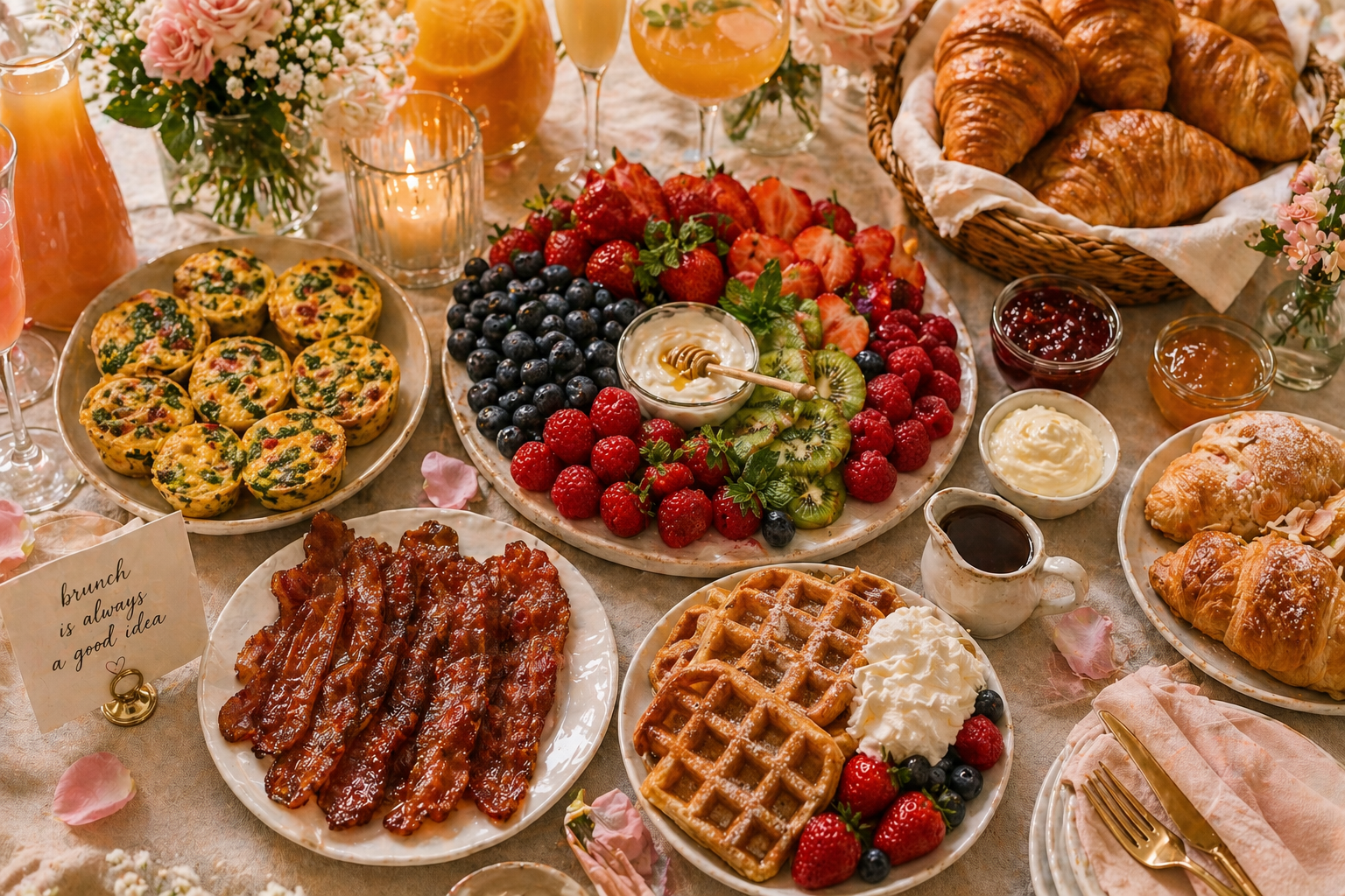 girls brunch food spread with egg bites candied bacon berry board and waffles