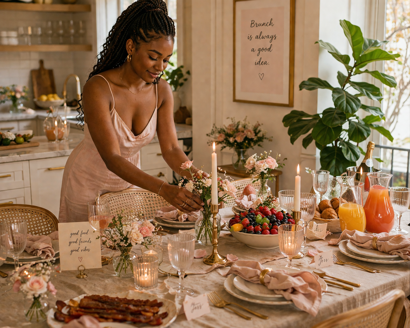 woman styling a girls brunch table with pink roses and champagne flutes