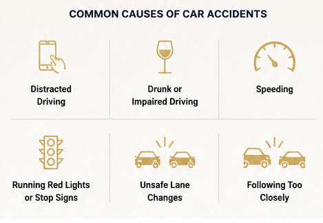 Illustration of common causes of car accidents, including distracted driving, drunk or impaired driving, speeding, running red lights or stop signs, unsafe lane changes, and following too closely.