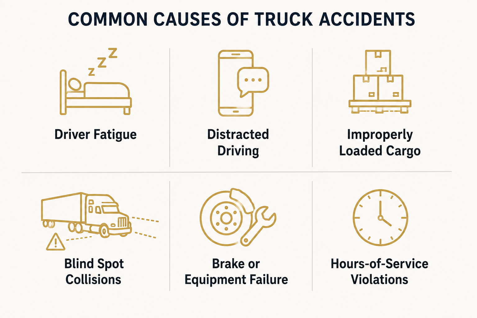 A chart titled 'Common Causes of Truck Accidents' with six icons and labels. Icons include a sleeping person in bed labeled 'Driver Fatigue', a phone with a speech bubble labeled 'Distracted Driving', boxes on a pallet labeled 'Improperly Loaded Cargo', a truck with flashing warning sign labeled 'Blind Spot Collisions', a brake disc and wrench labeled 'Brake or Equipment Failure', and a clock labeled 'Hours-of-Service Violations'.