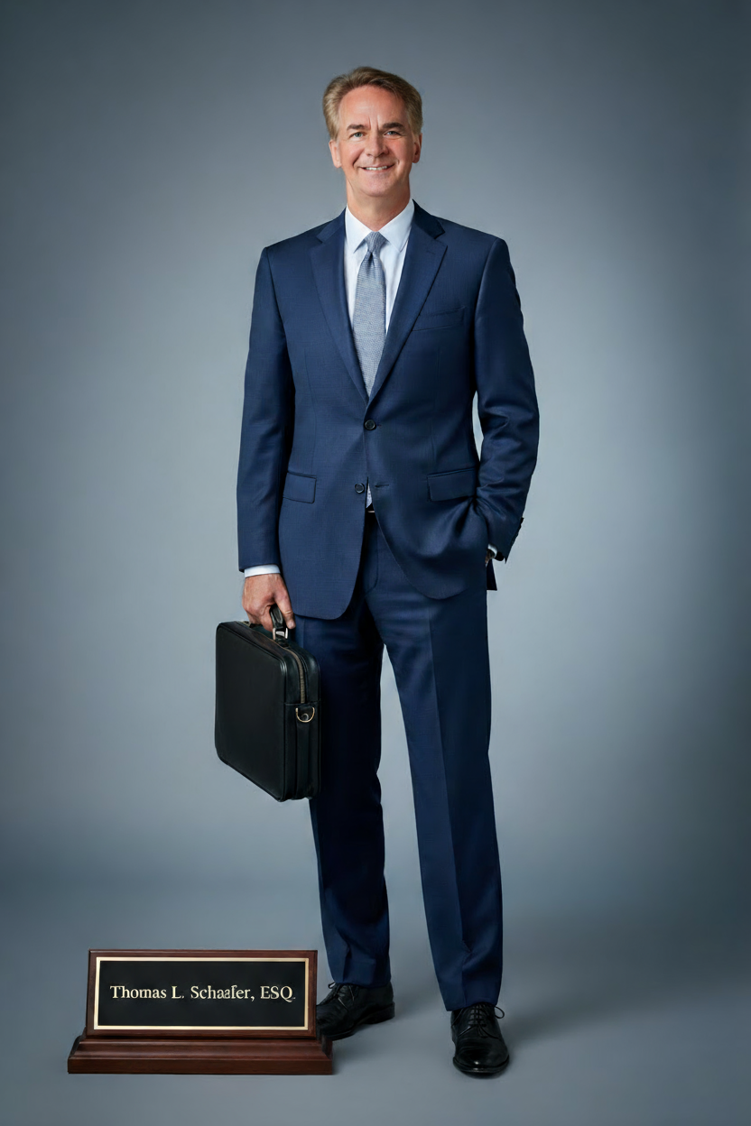A professionally dressed man with light brown hair, smiling, wearing a blue suit, white shirt, and gray tie, standing against a neutral gray background, holding a black briefcase in his right hand, with a nameplate reading "Thomas L. Schaalfer, ESQ" on the floor beside him.
