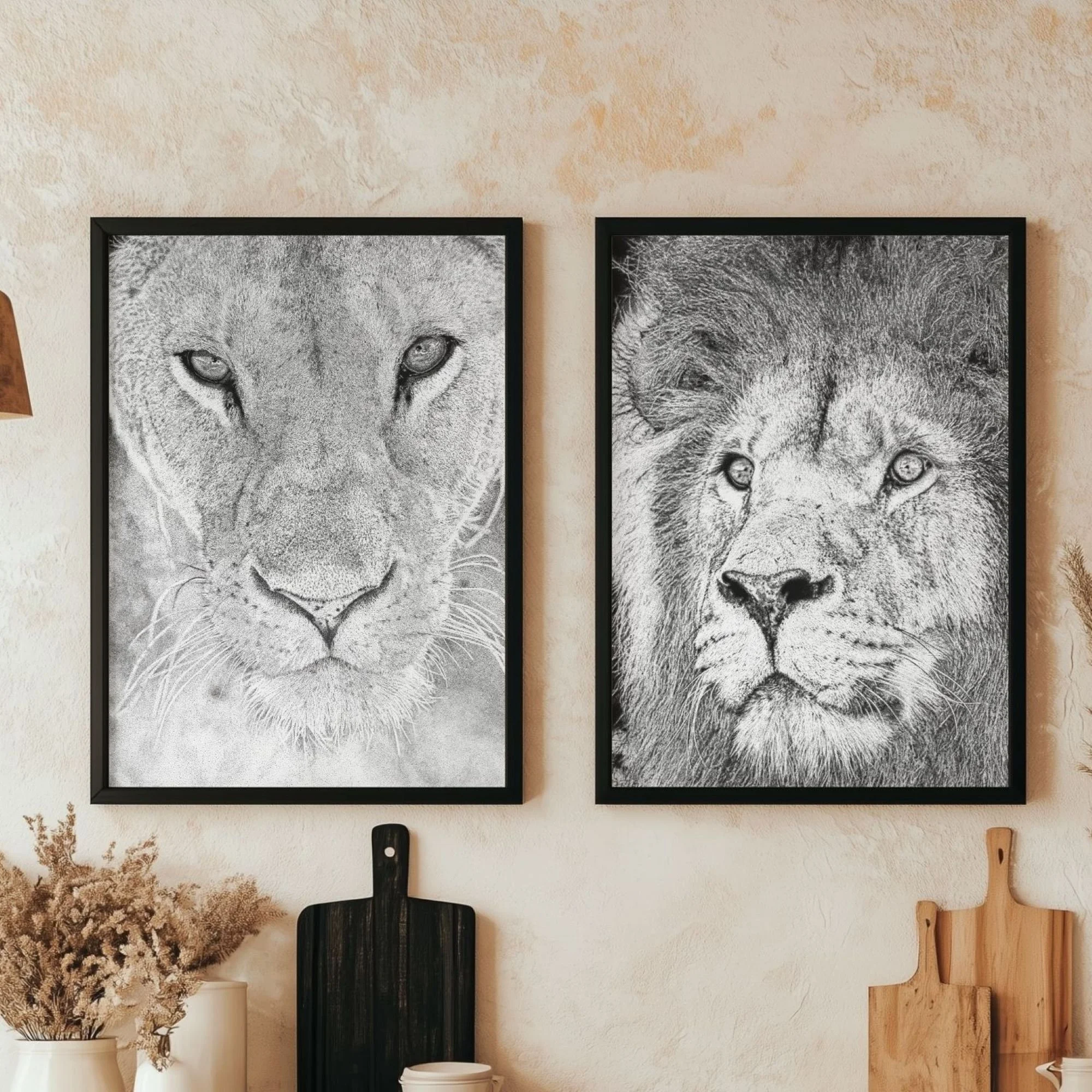 0300 Lion & Lioness Bundle Kitchen Room Black Frame close.jpg