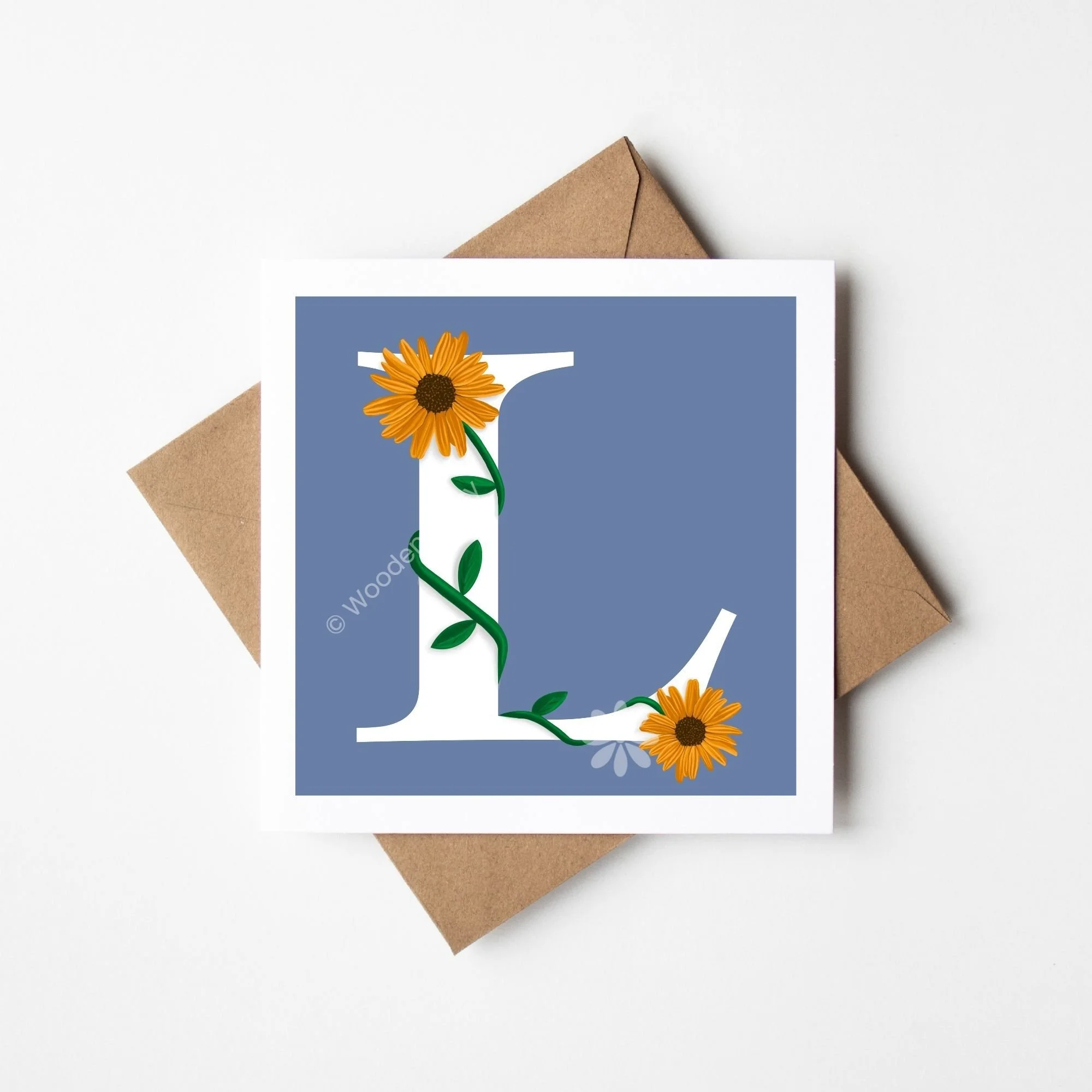 Floral Initial Letter Greeting Card - Blue - Personalised
