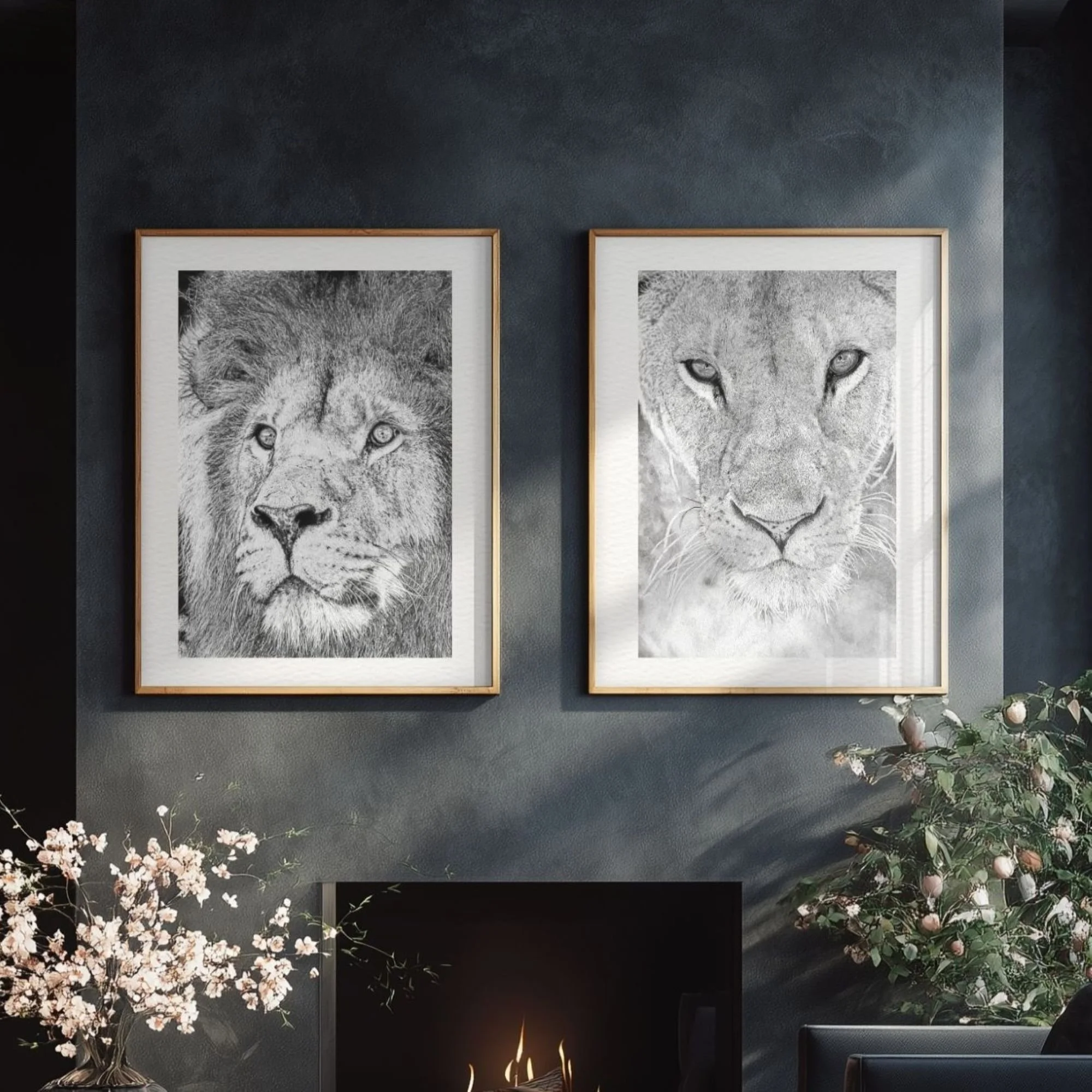 0300 Lion & Lioness Bundle Black Room Gold Frame close.jpg