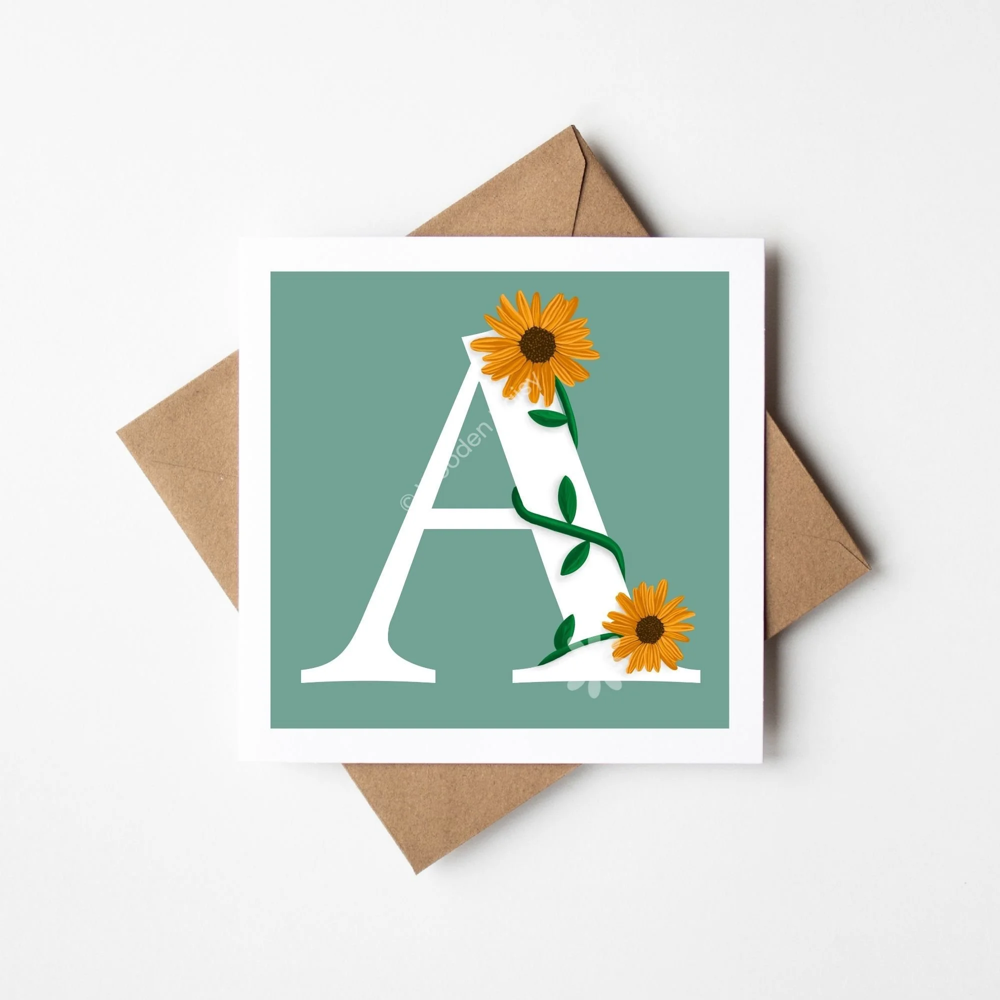 Floral Initial Letter Greeting Card - Green - Personalised
