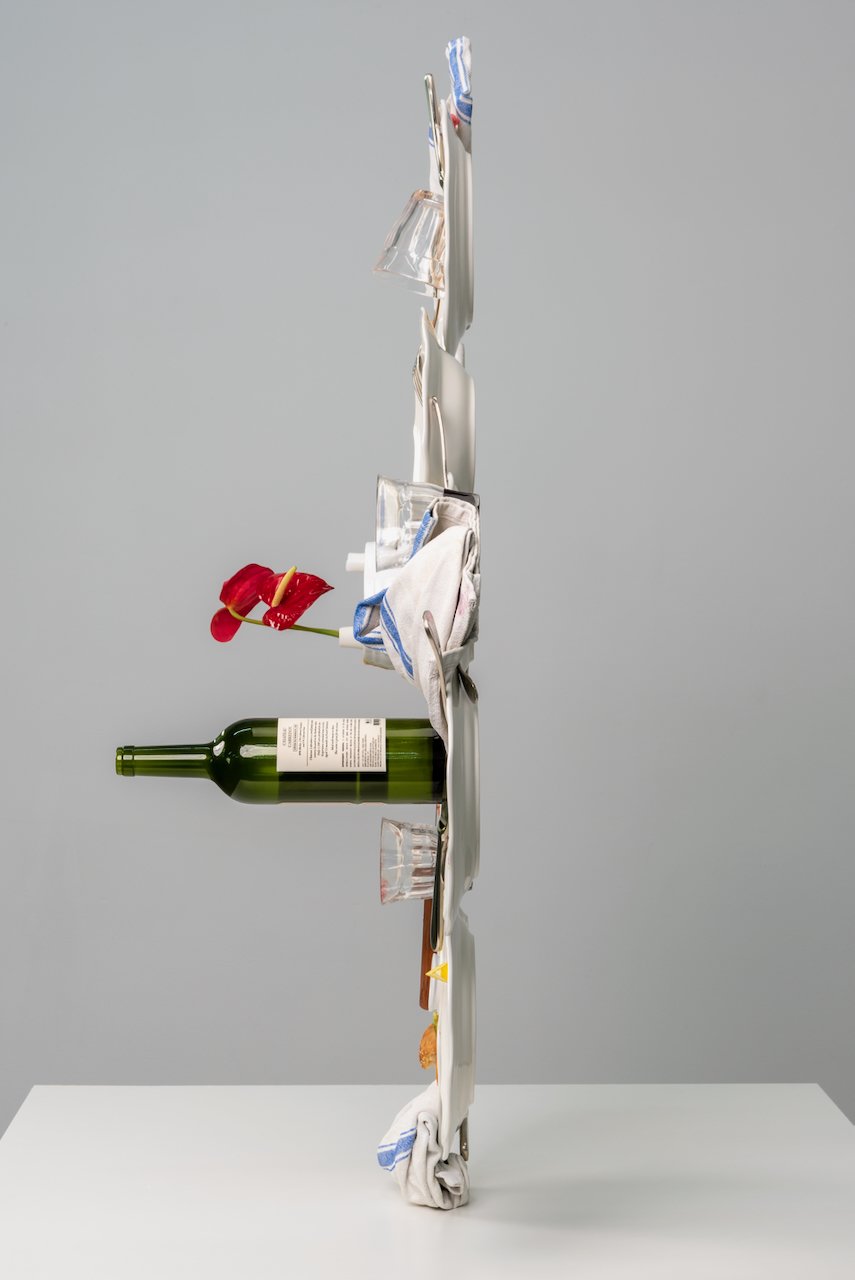 Sideways Dinner, 2026
Painted bronze, urethane, stainless steel, epoxy, cloth,
44 x 46 x 12.5 in