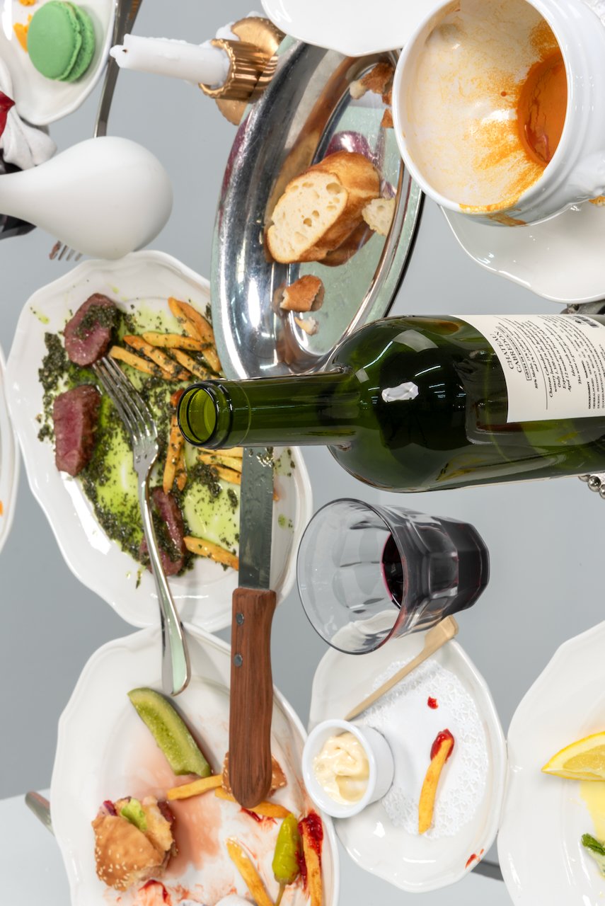 Sideways Dinner, 2026
Painted bronze, urethane, stainless steel, epoxy, cloth,
44 x 46 x 12.5 in
