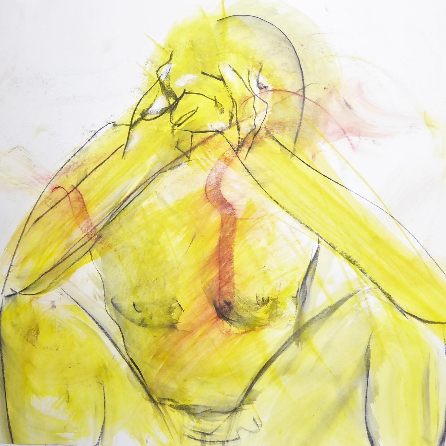 Yellow is the color of warmth, and of jealousy. Irene&rsquo;s session last night was gesture, close-ups, hands. Fab. Works on A2 white paper, 42x60cm, w Graf watercolor pigment and white pastel. #lifestudy #akt #lifedrawingsession #figuredrawing #akt