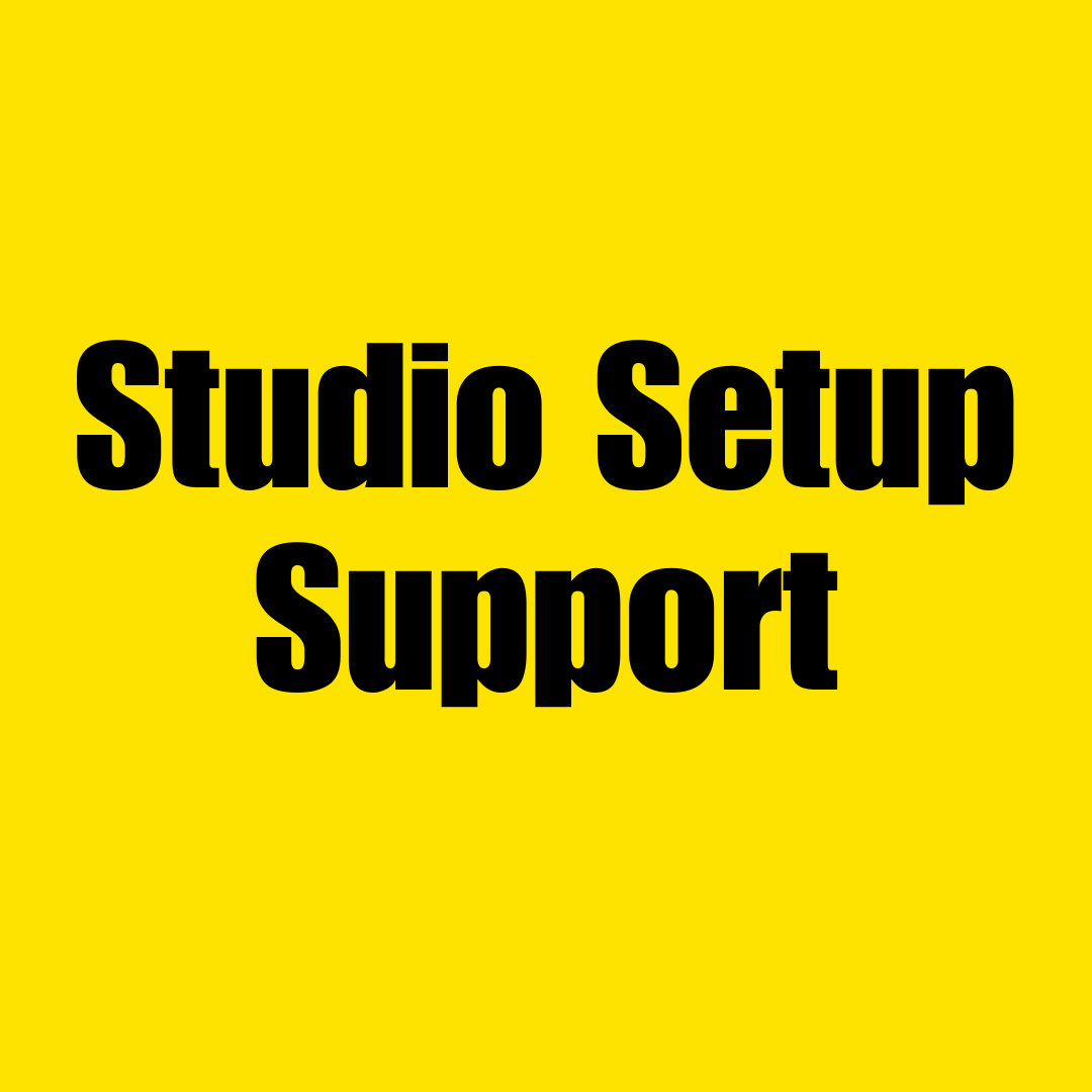 Text on a yellow background that reads "Studio Setup Support" in bold black font.