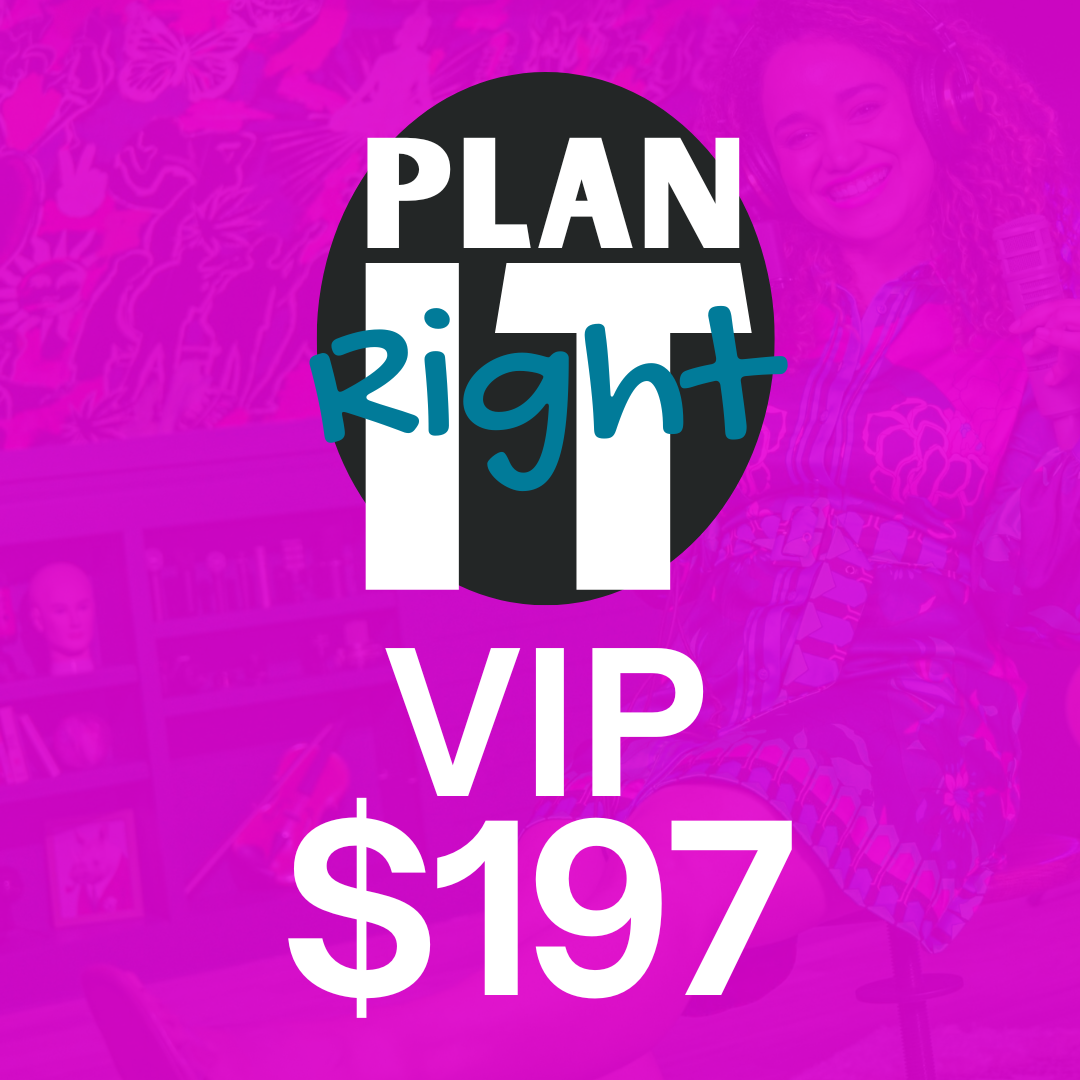 Plan It Right VIP $197 promotional graphic with person wearing headphones, holding a microphone, vibrant background.
