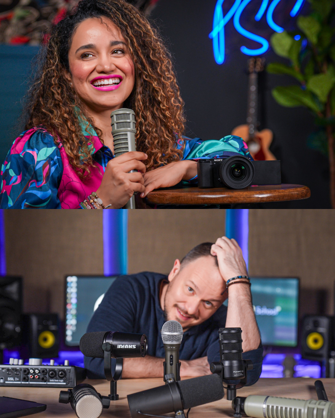 Two people in a studio setting with microphones and audio equipment. The top image shows a woman with curly hair smiling and holding a microphone, with a camera and neon sign in the background. The bottom image displays a man sitting at a desk with multiple microphones, audio interfaces, and computer monitors in the background.