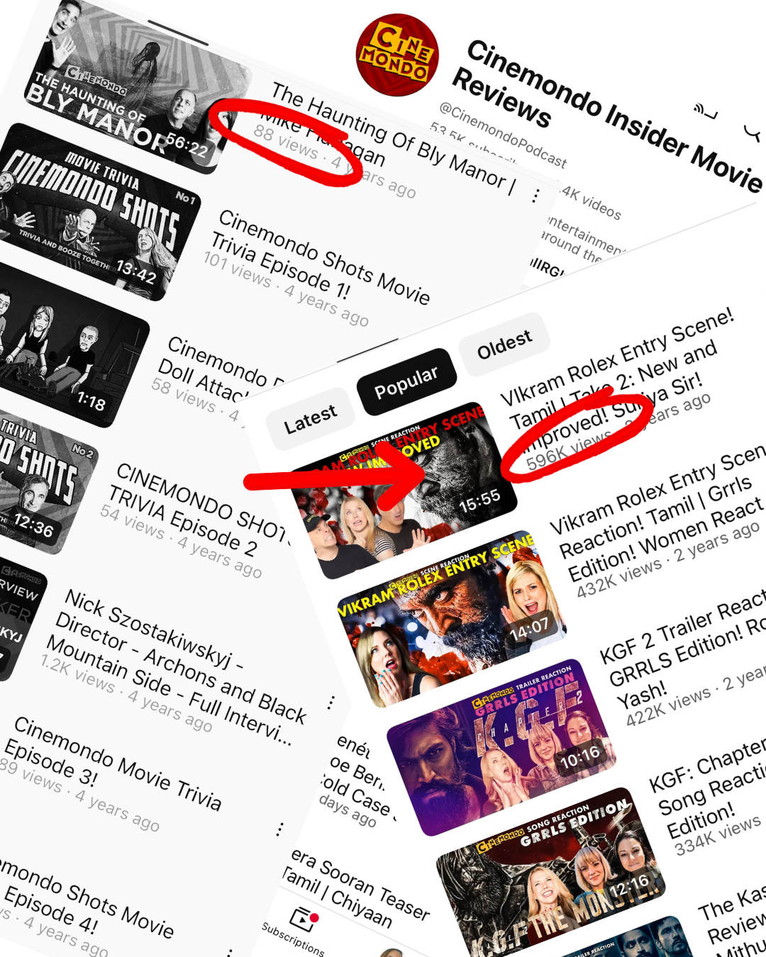 YouTube video thumbnails from Cinemondo channel, featuring movie reviews and reactions about 'The Haunting of Bly Manor,' 'Vikram Rolex Entry Scene,' and 'KGF 2.'