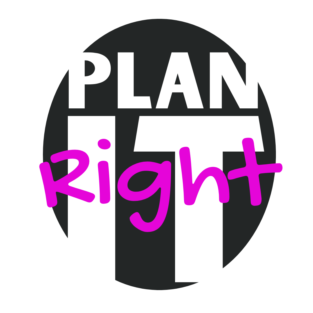 "Plan It Right" logo with bold white and pink text
