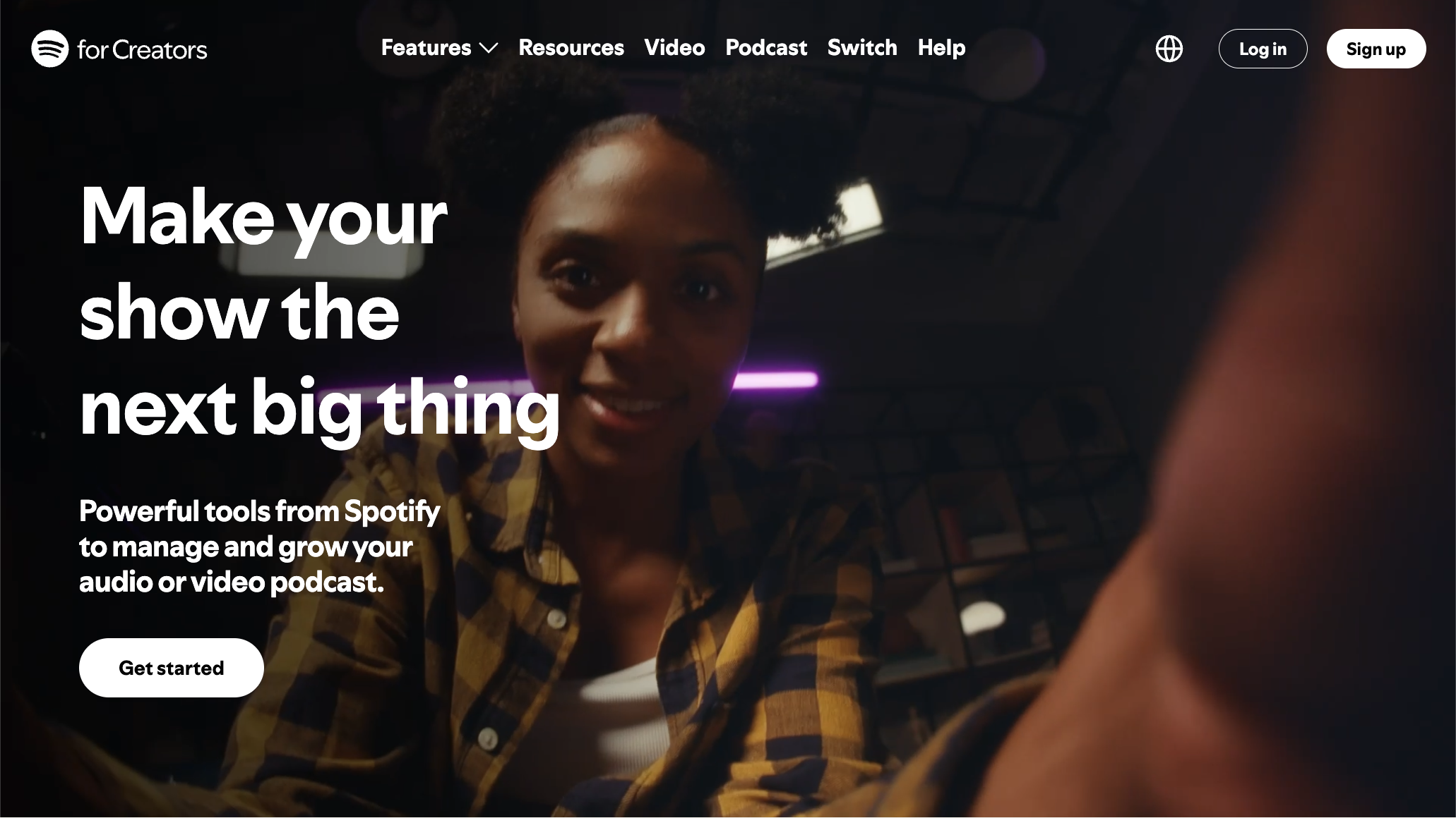 'Spotify for Creators homepage showing free video podcast hosting and distribution'Size: 800px wide, centered