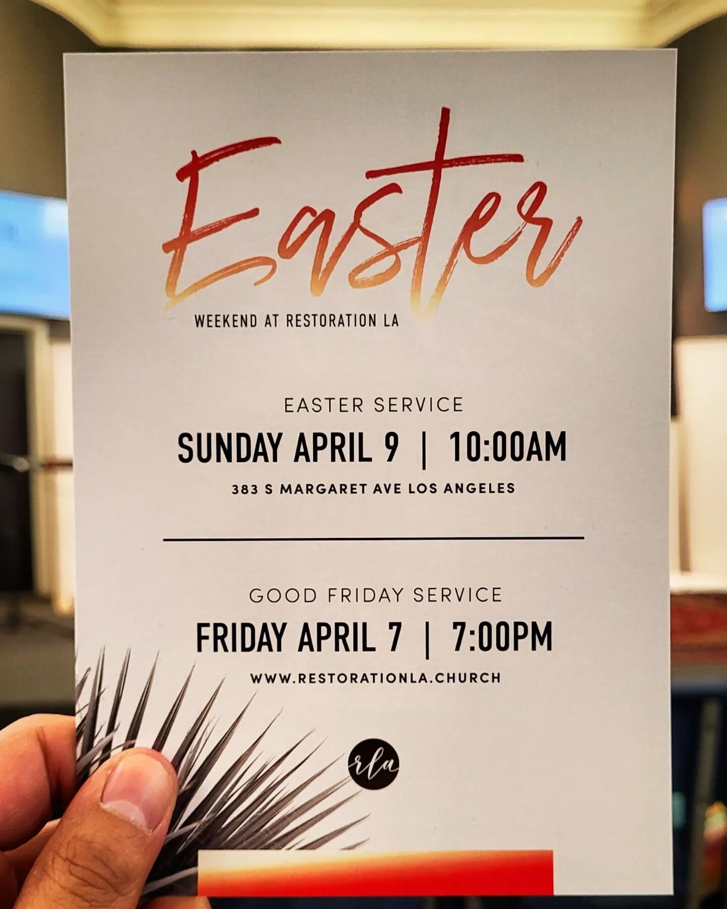 Thank you to everyone who has shared this card with your friends and family!

We are excited for our #GoodFriday and #Easter service!

You are invited and welcome to join us here at Restoration LA.

Good Friday: April 7 @ 7pm
Easter Sunday: April 9 @