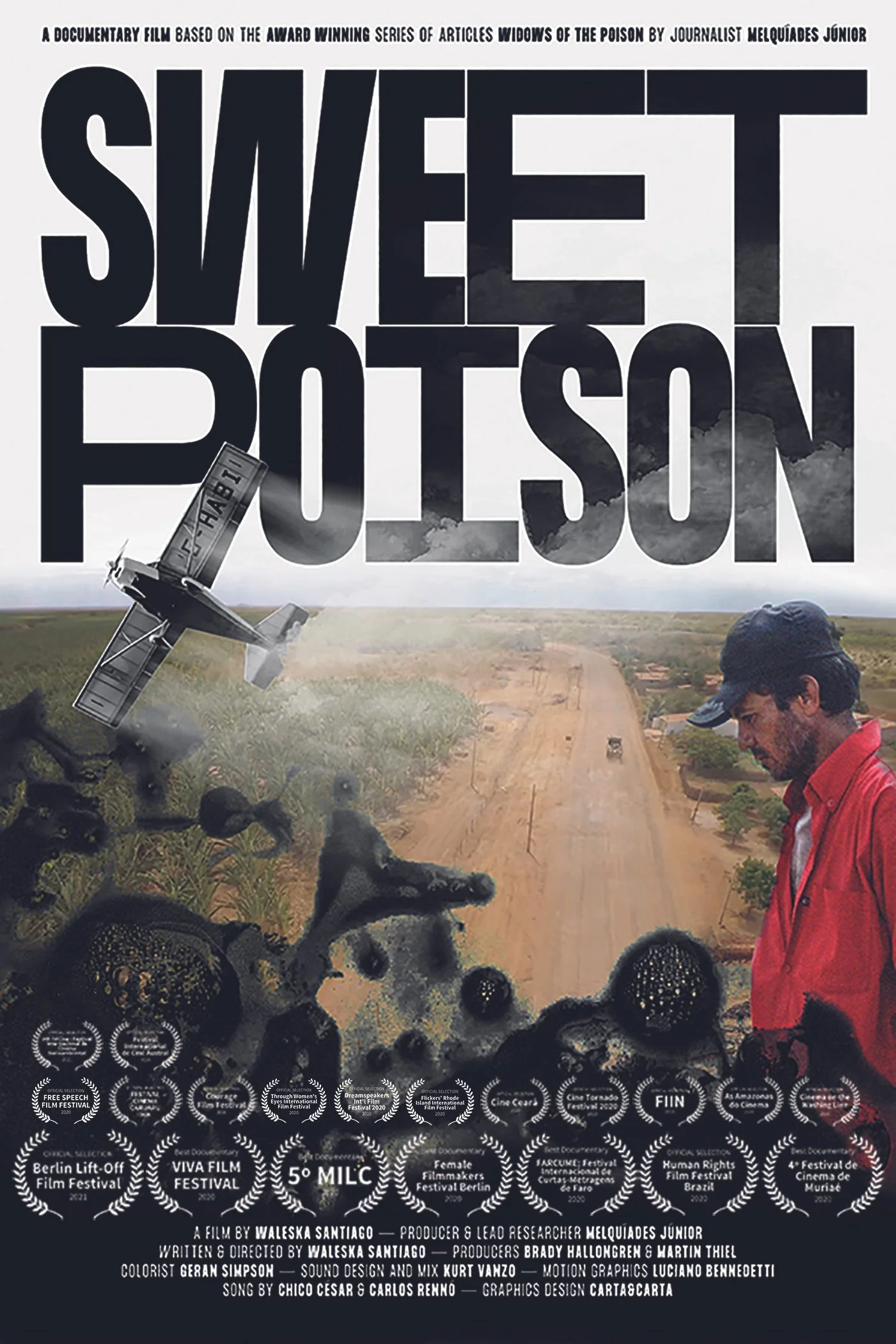 Movie poster titled "Sweet Potson" featuring a rural landscape with a dirt road, a man in a red shirt and cap looking down, a satellite falling from the sky, and images of black smoke or ash. The poster mentions a documentary film based on articles "Widows of the Poison" by journalist Melquiades Junior, with numerous festival awards listed at the bottom.