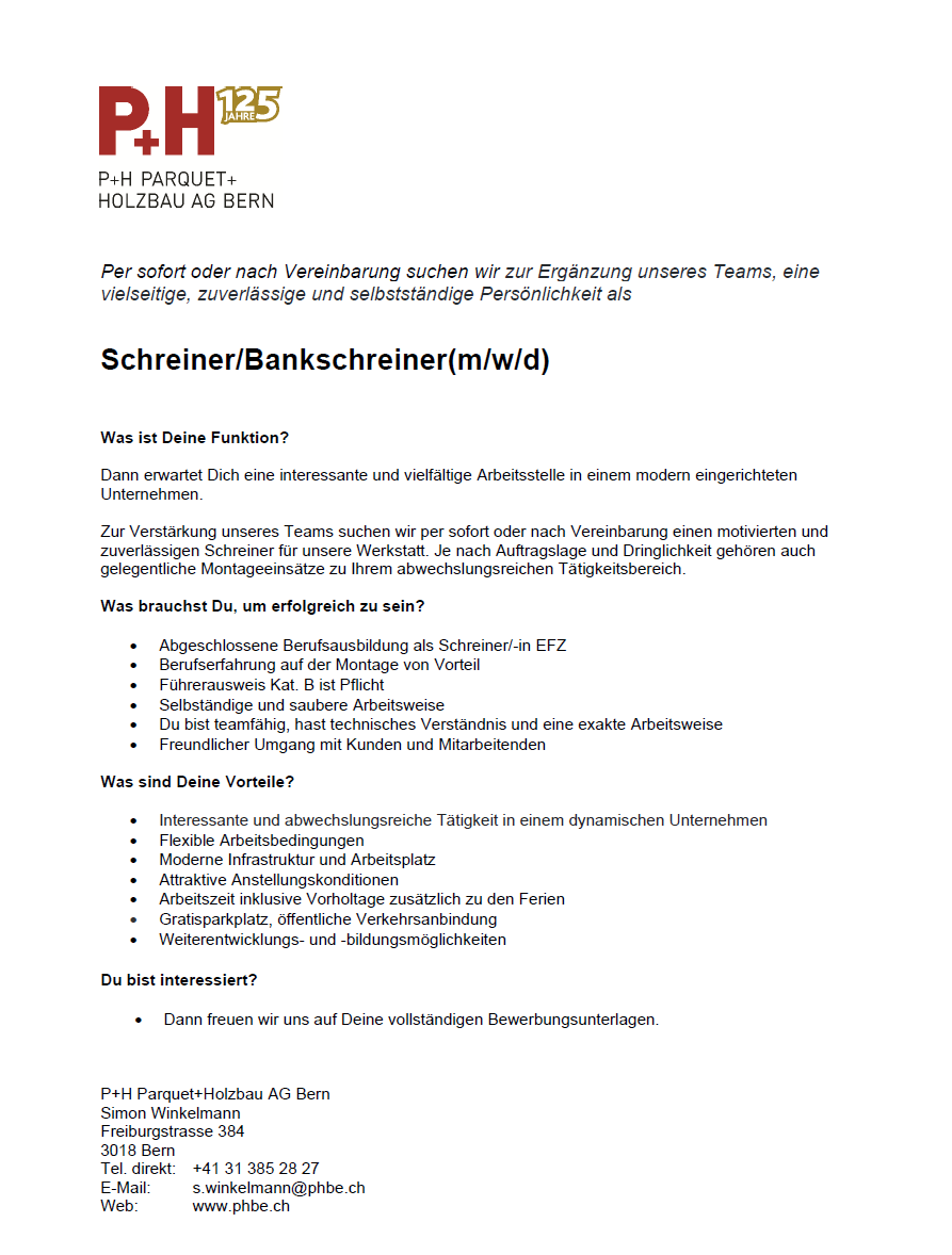 Aktuelle Stellenausschreibung Schreiner/Bankschreiner