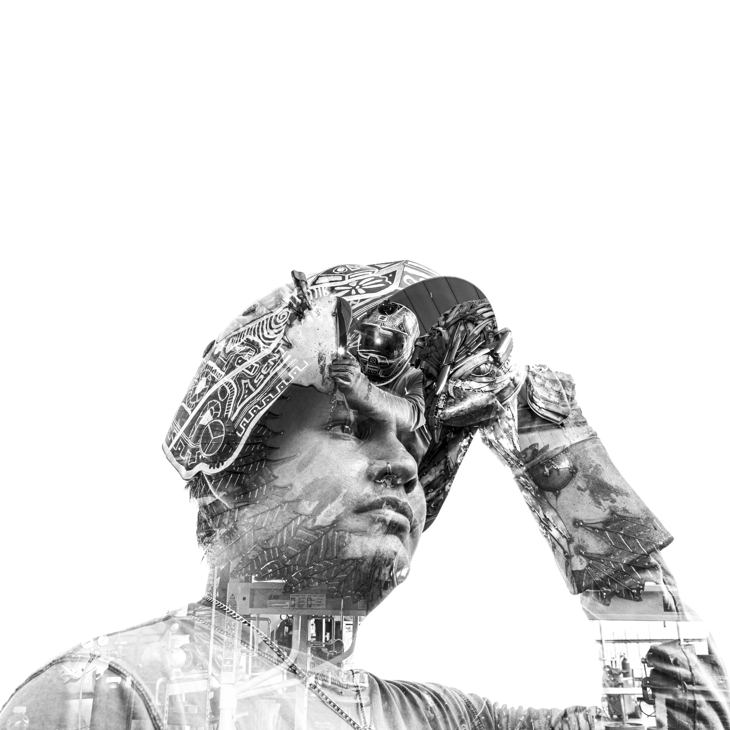 Double exposure black and white photo of a young woman with a serious expression wearing a hat and tattoos, looking away with her hand on her forehead, overlaid with images of a person in a helmet taking a photo and urban scenes.