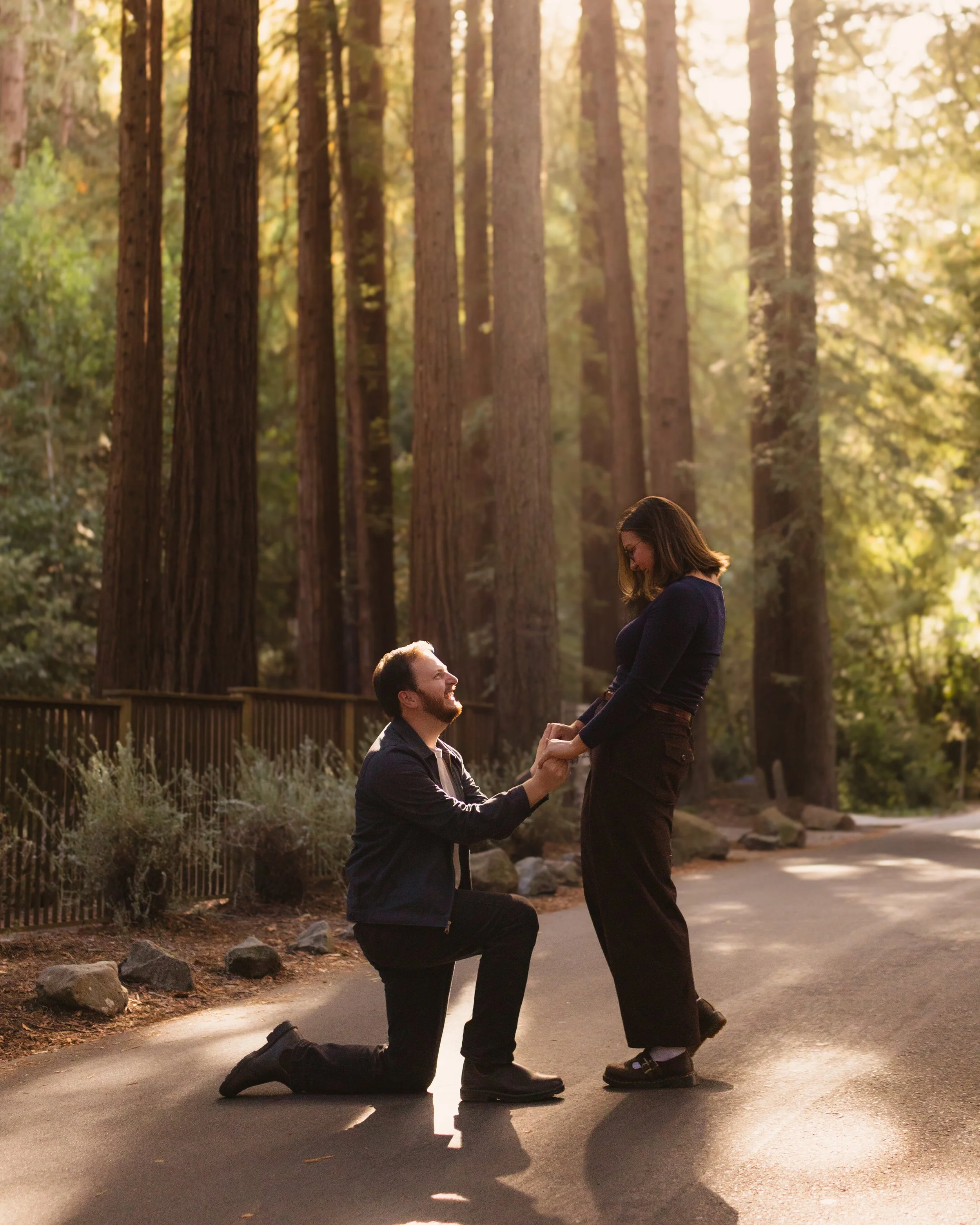 A man is kneeling on one knee, holding the hands of a woman who is standing in front of him. They are outdoors in a forested area with tall trees and sunlight filtering through the leaves. The man is smiling up at the woman, who is looking down at hi